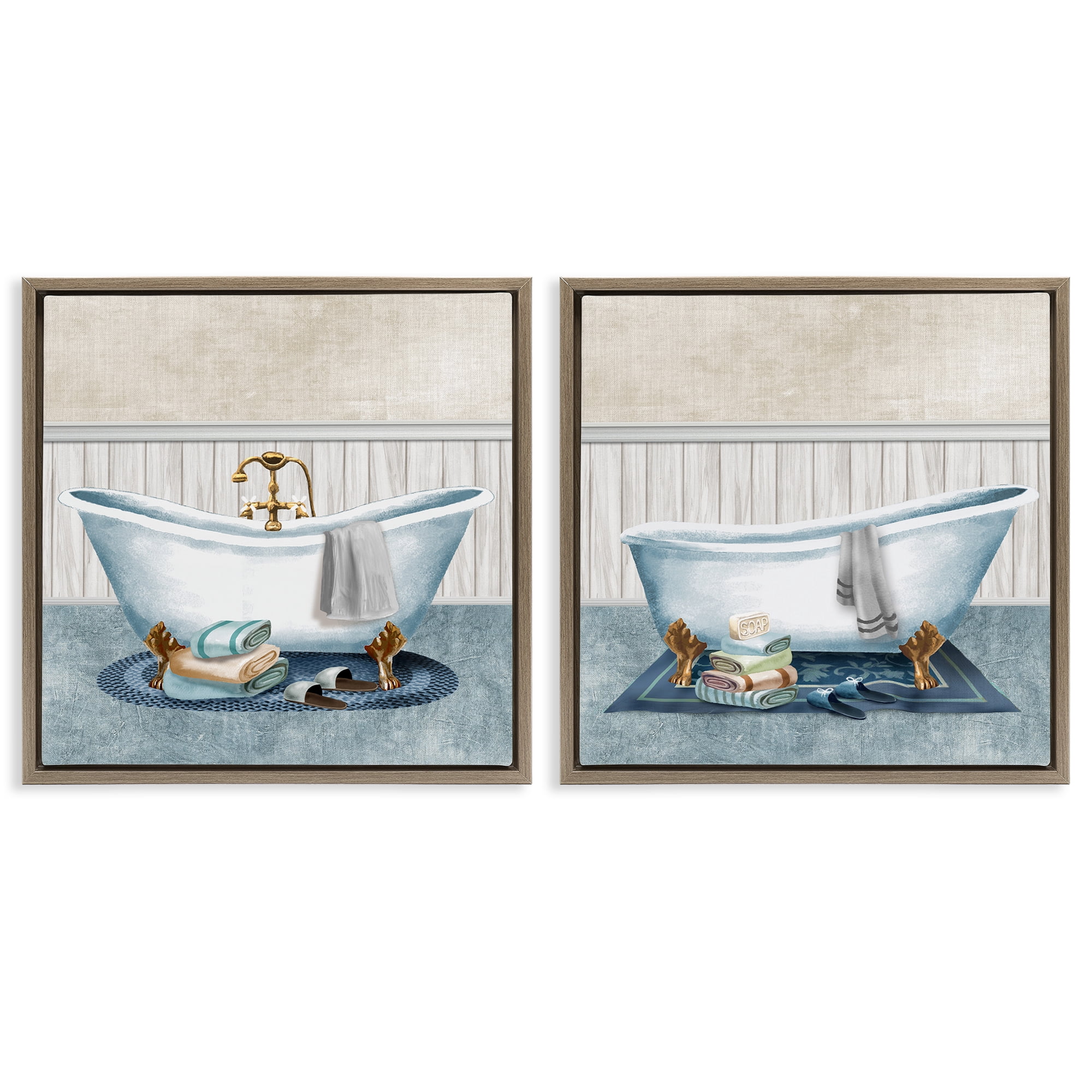 Stupell Industries Cozy Bathtub & Slippers 2 Piece Brown Framed Floater Canvas Set, design by Conrad Knutsen