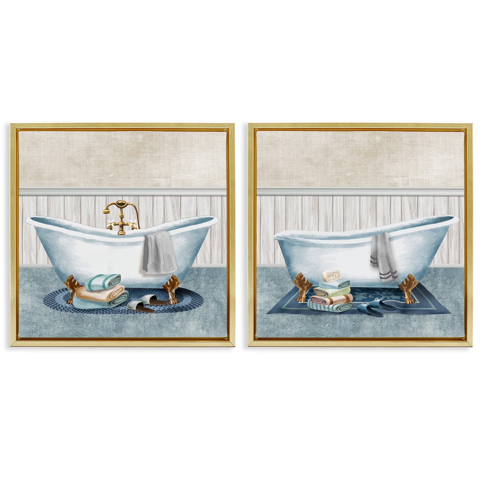 Stupell Industries Cozy Bathtub & Slippers 2 Piece Gold Framed Floater Canvas Set, design by Conrad Knutsen