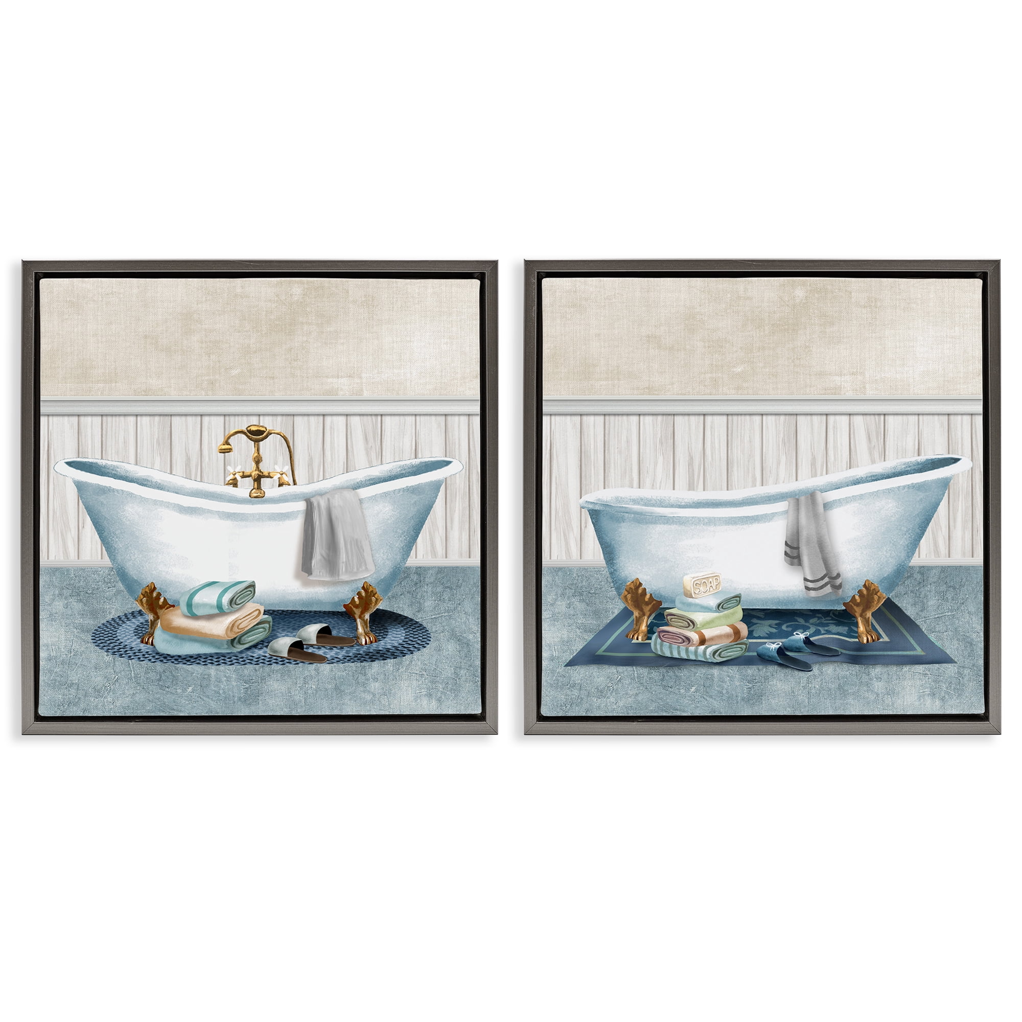 Stupell Industries Cozy Bathtub & Slippers 2 Piece Gray Framed Floater Canvas Set, design by Conrad Knutsen