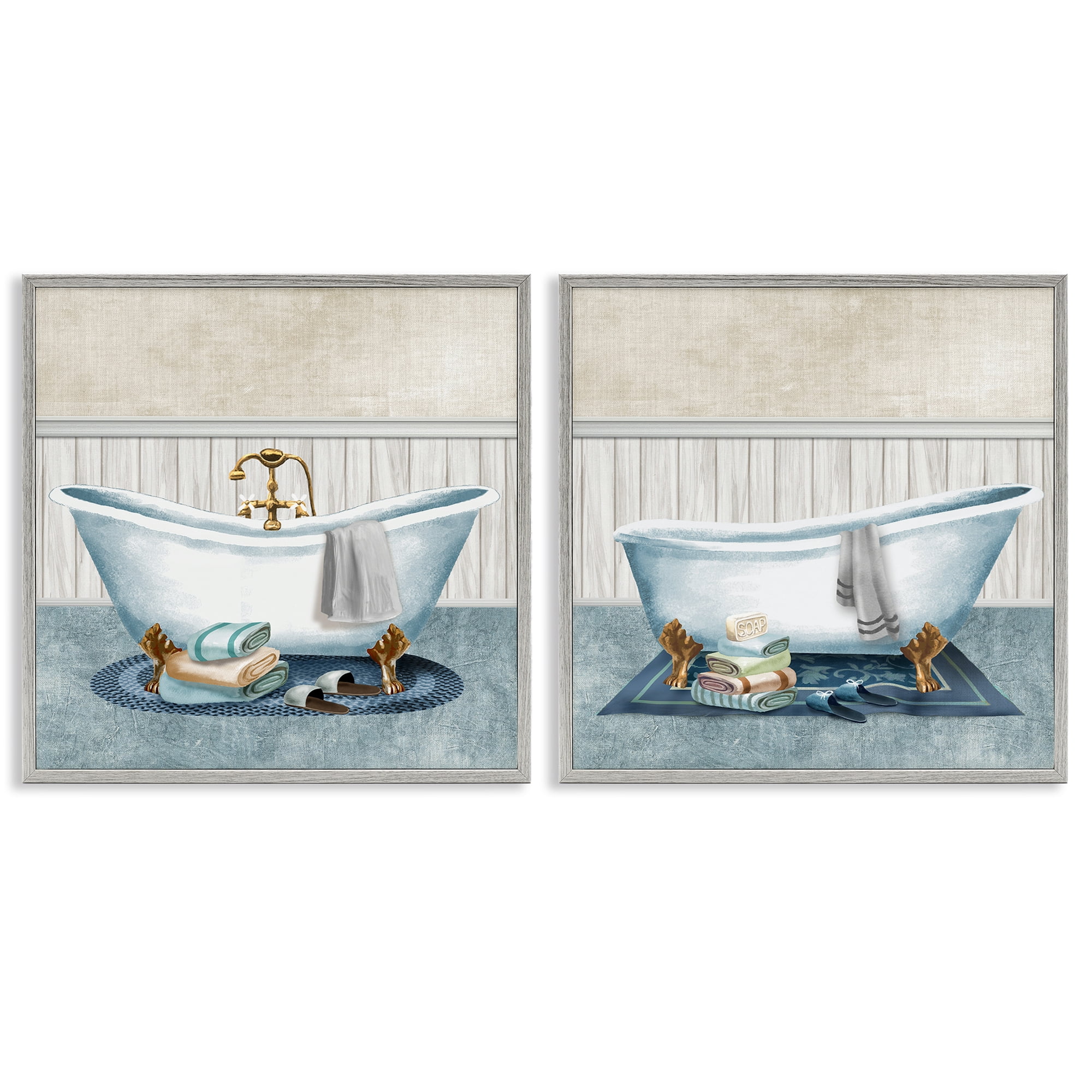 Stupell Industries Cozy Bathtub & Slippers 2 Piece Gray Framed Giclee Art Set, design by Conrad Knutsen