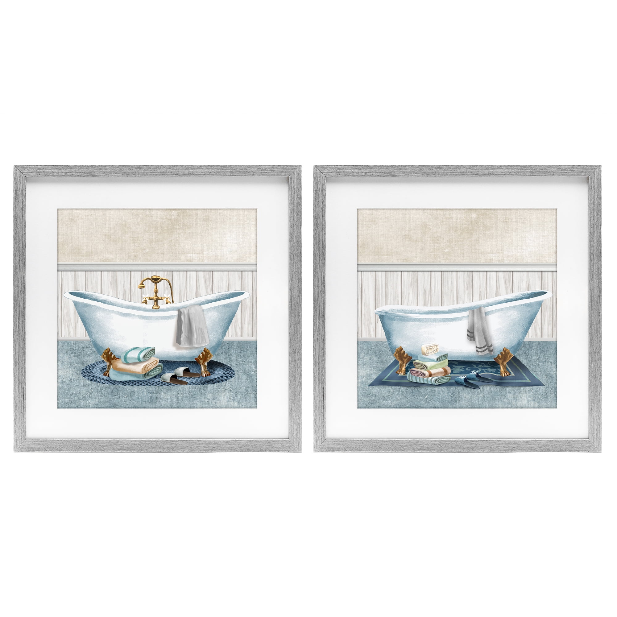 Stupell Industries Cozy Bathtub & Slippers 2 Piece Gray Framed Print Under Glass Set, design by Conrad Knutsen