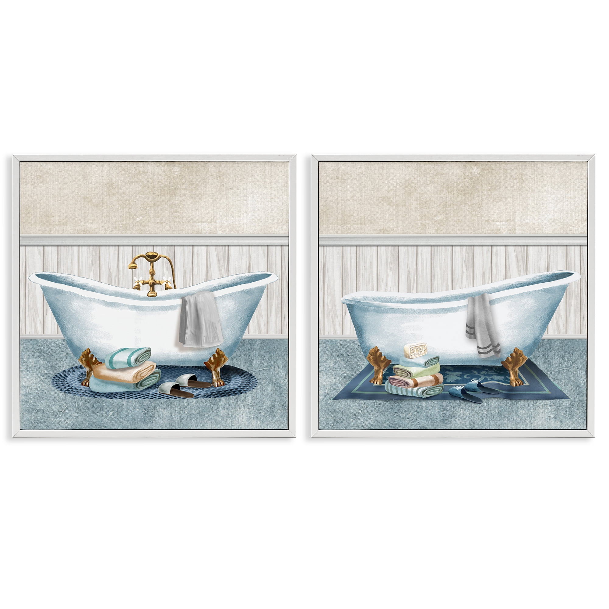 Stupell Industries Cozy Bathtub & Slippers 2 Piece White Framed Giclee Art Set, design by Conrad Knutsen