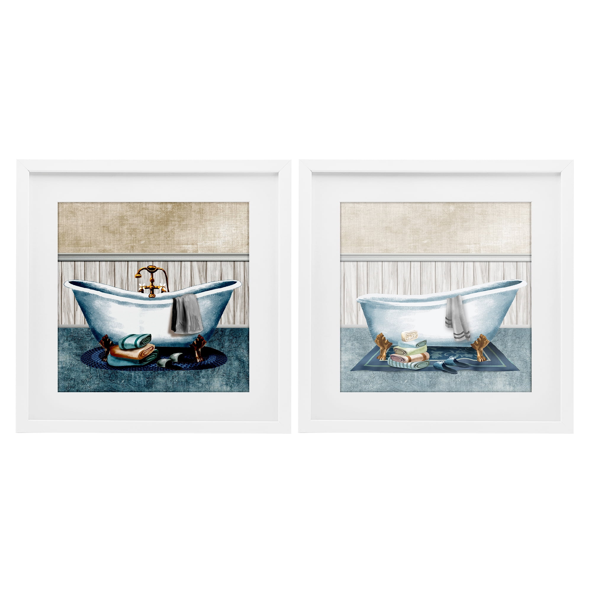 Stupell Industries Cozy Bathtub & Slippers 2 Piece White Framed Print Under Glass Set, design by Conrad Knutsen