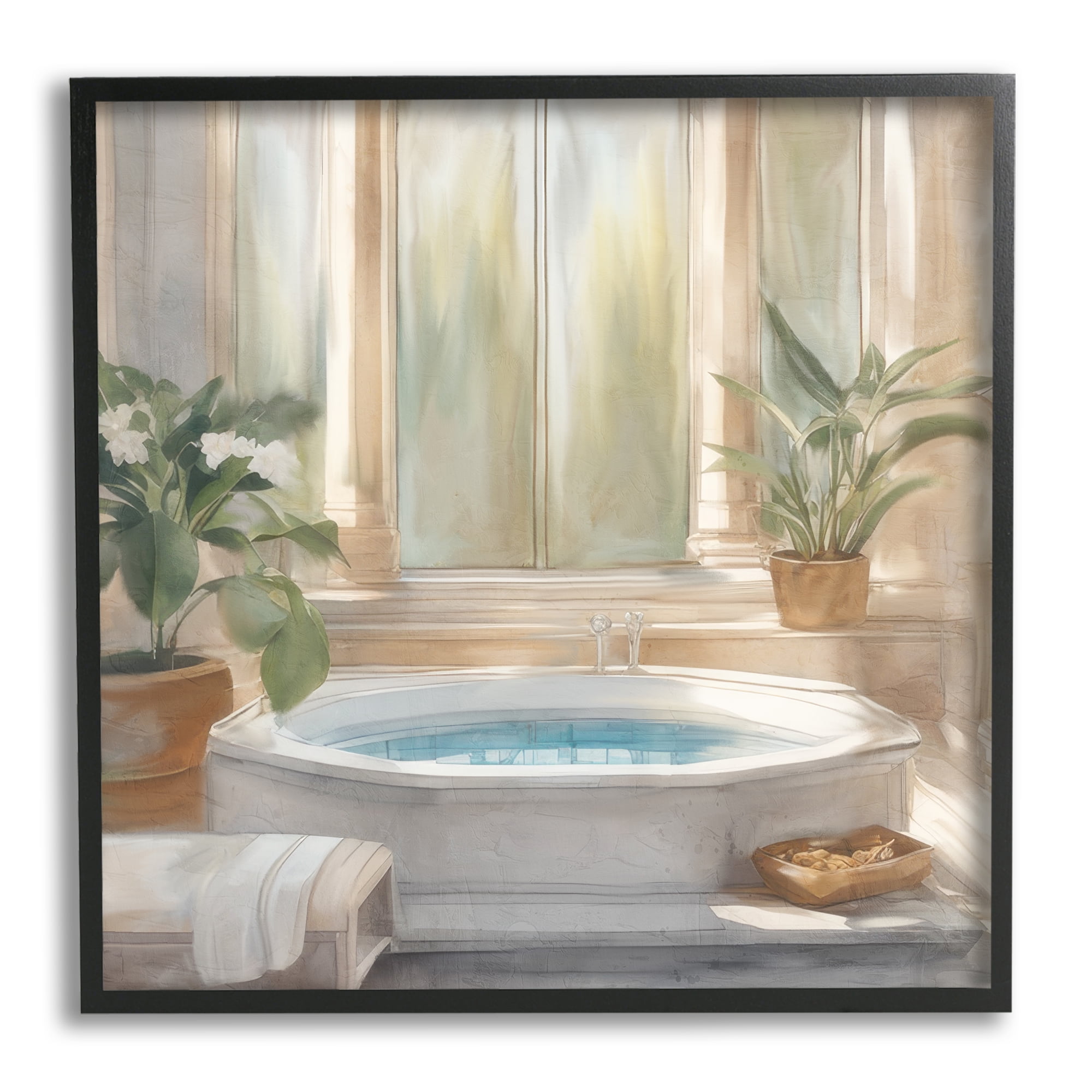 Stupell Industries Cozy Bathtub with Plants Botanical & Floral Painting Black Framed Art Print Wall Art, 12 x 12