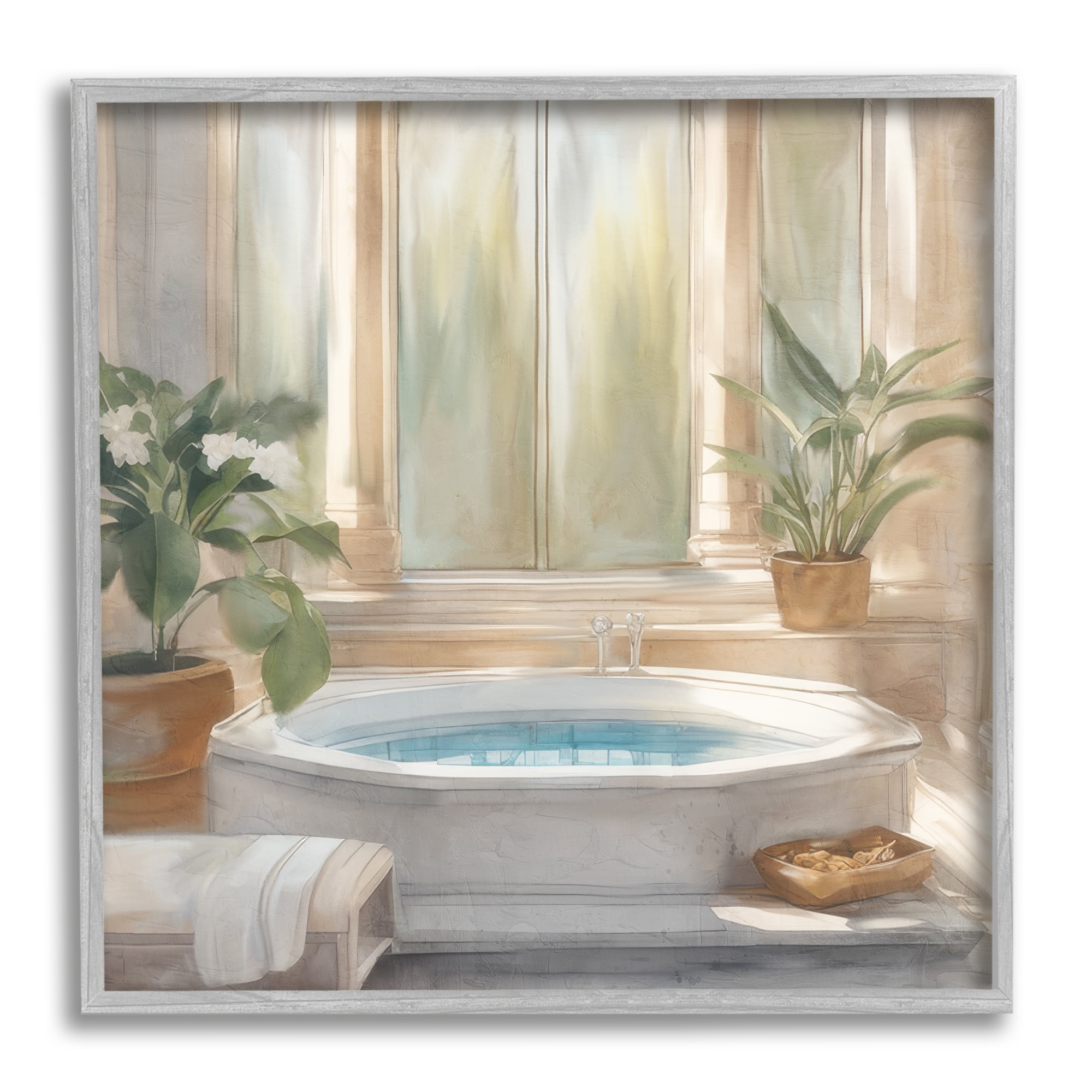 Stupell Industries Cozy Bathtub with Plants Botanical & Floral Painting Gray Framed Art Print Wall Art, 12 x 12