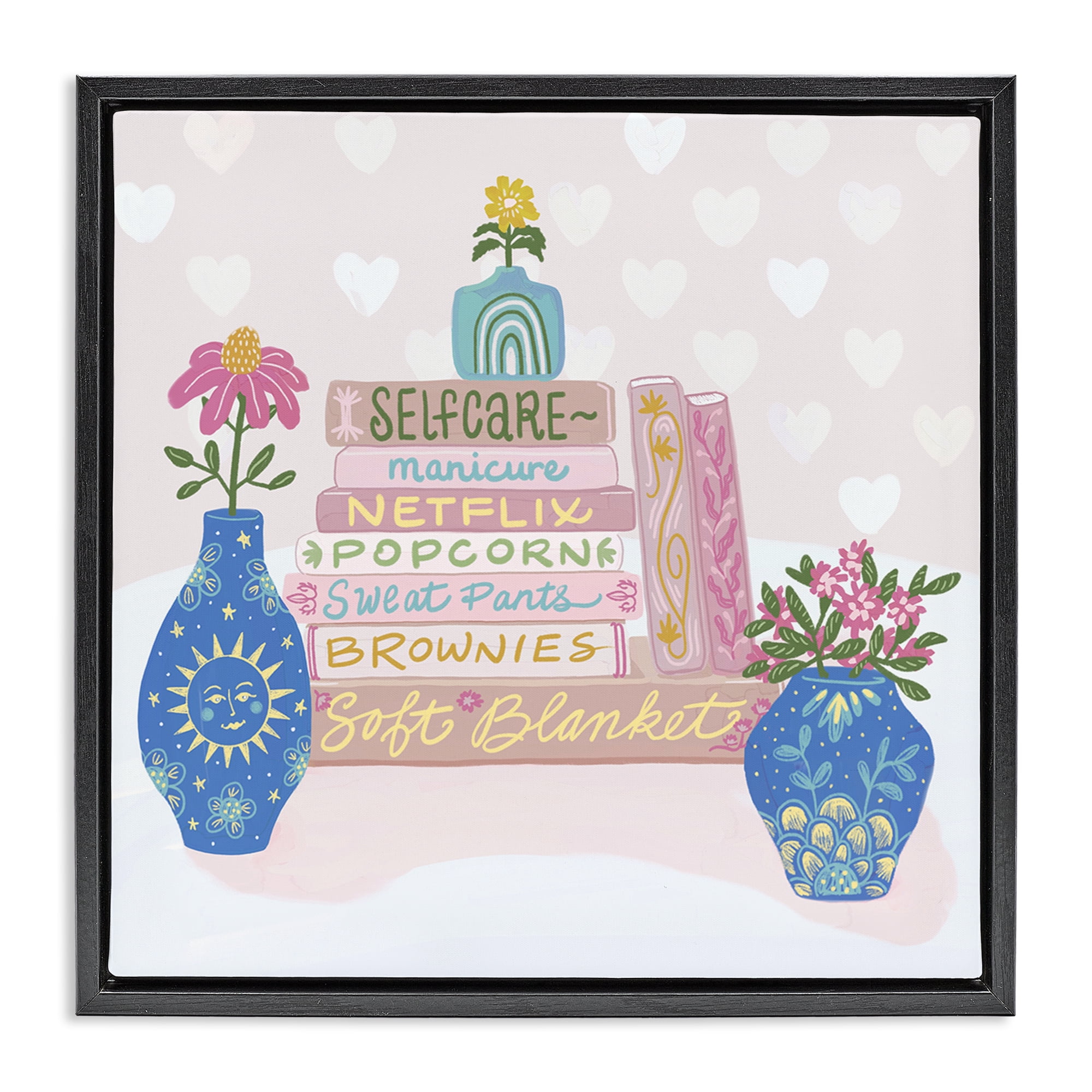 Stupell Industries Cozy Boho Self Care Books Black Framed Floater Canvas Wall Art, design by Connie Summers