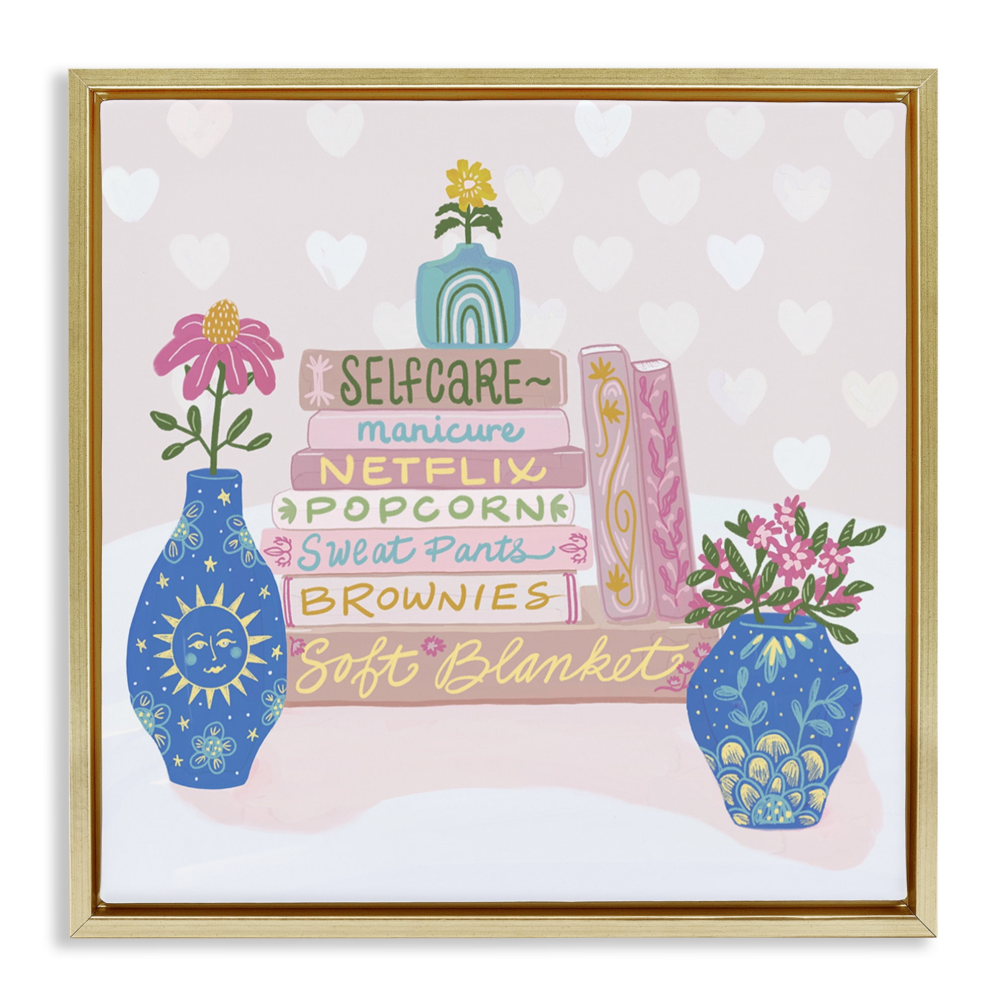 Stupell Industries Cozy Boho Self Care Books Gold Framed Floater Canvas Wall Art, design by Connie Summers