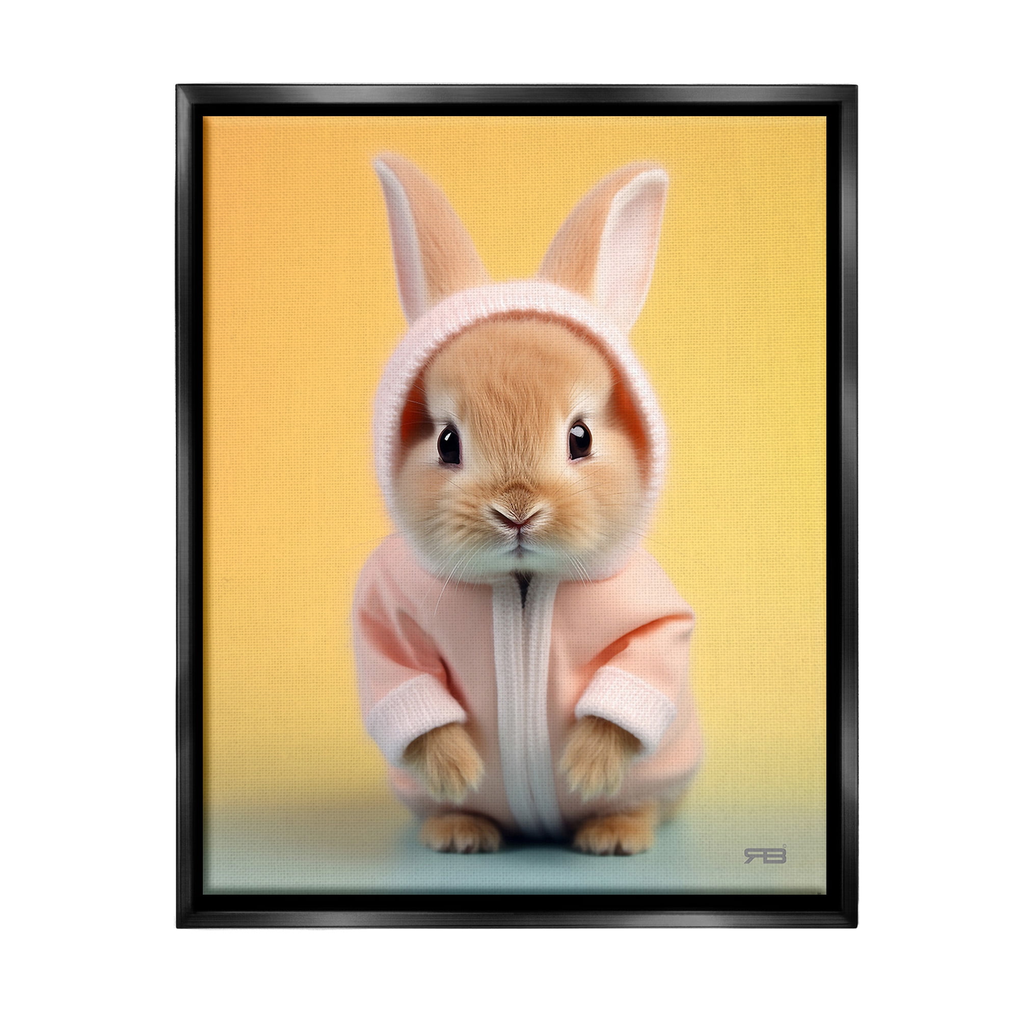 Stupell Industries Cozy Bunny on Yellow Animals & Insects Painting Black Floater Framed Canvas Art Print Wall Art, 25 x 31