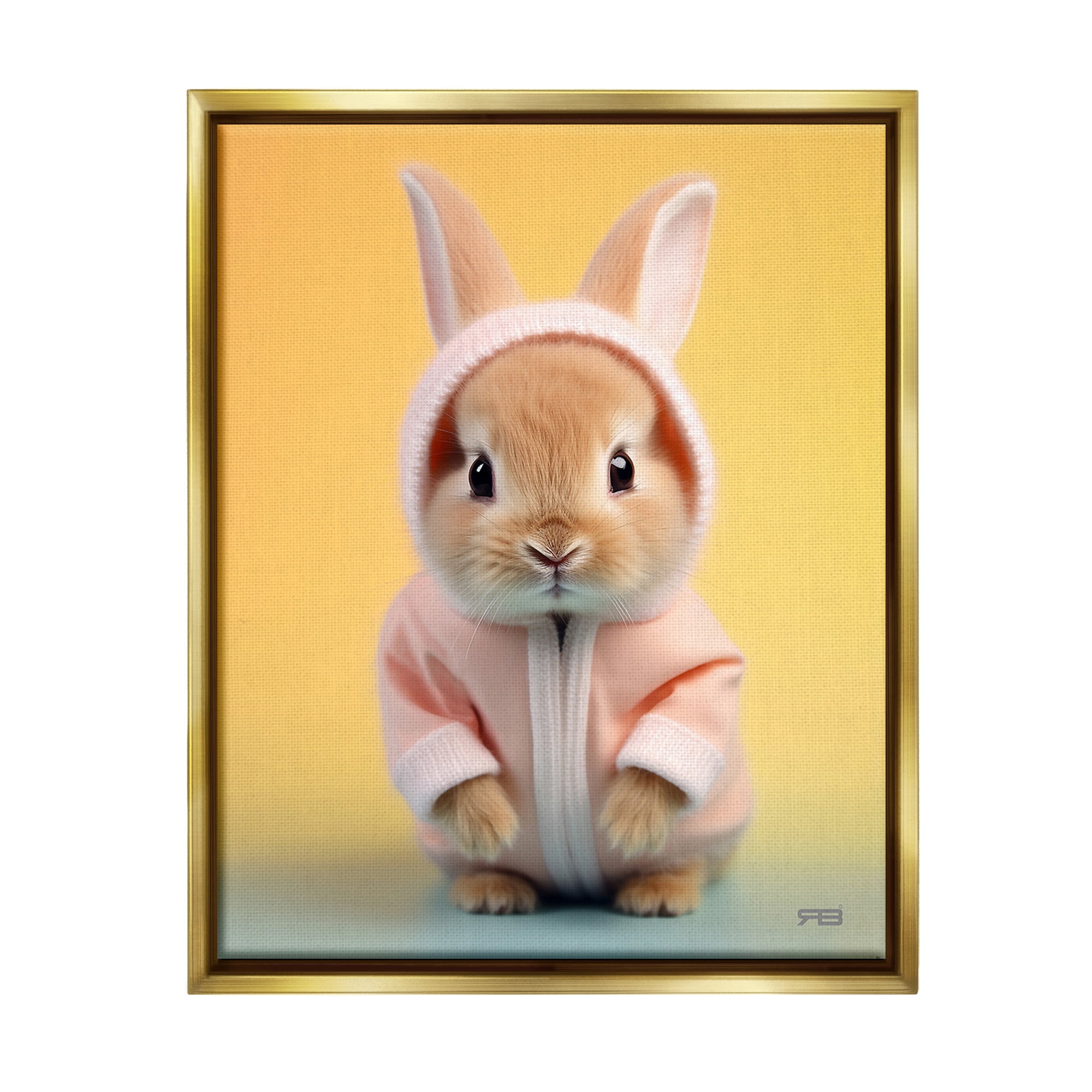 Stupell Industries Cozy Bunny on Yellow Animals & Insects Painting Gold Floater Framed Canvas Art Print Wall Art, 17 x 21