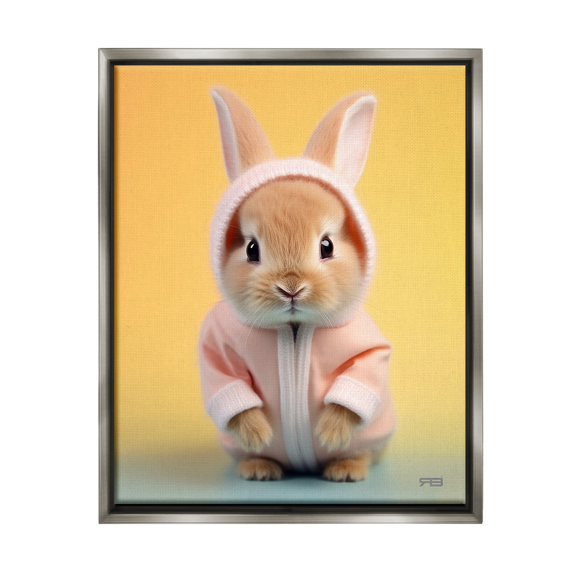 Stupell Industries Cozy Bunny on Yellow Animals & Insects Painting Gray Floater Framed Canvas Art Print Wall Art, 17 x 21