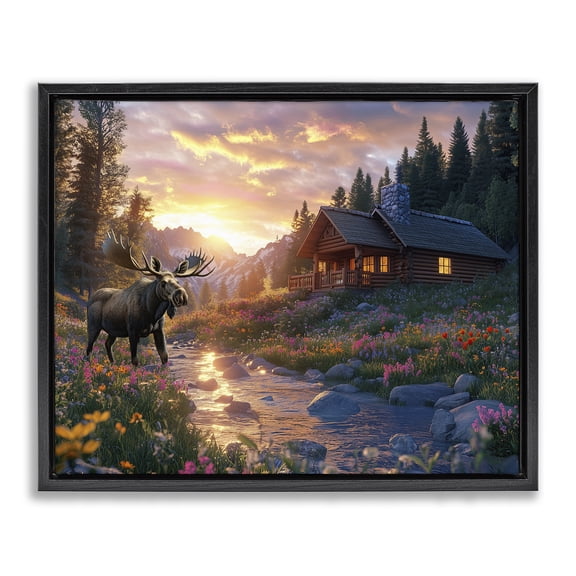 Stupell Industries Cozy Cabin Moose Visit Black Framed Floater Canvas Wall Art design by Jim Baldwin, 17 x 21