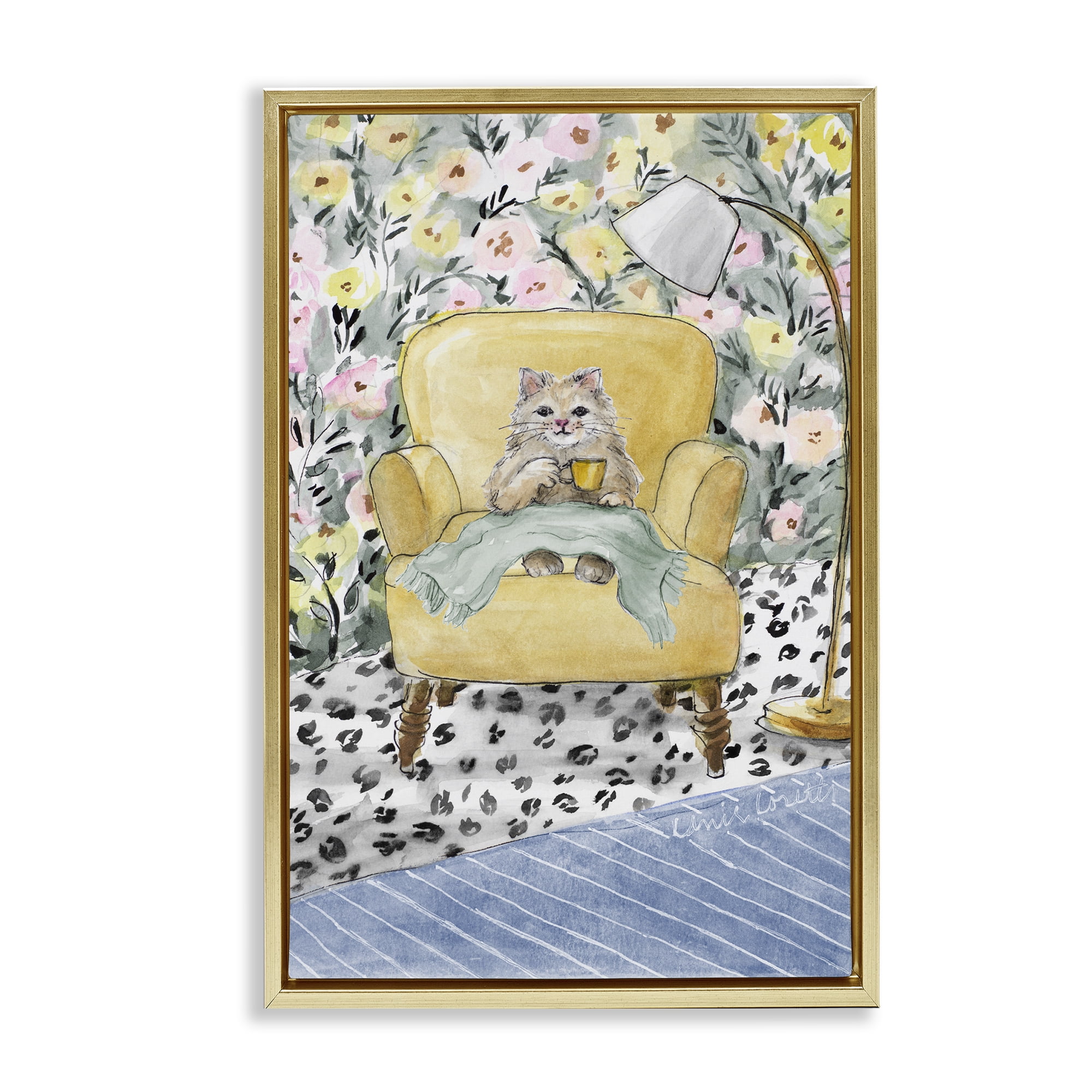 Stupell Industries Cozy Cat Corner Gold Framed Floater Canvas Wall Art, design by Lanie Loreth