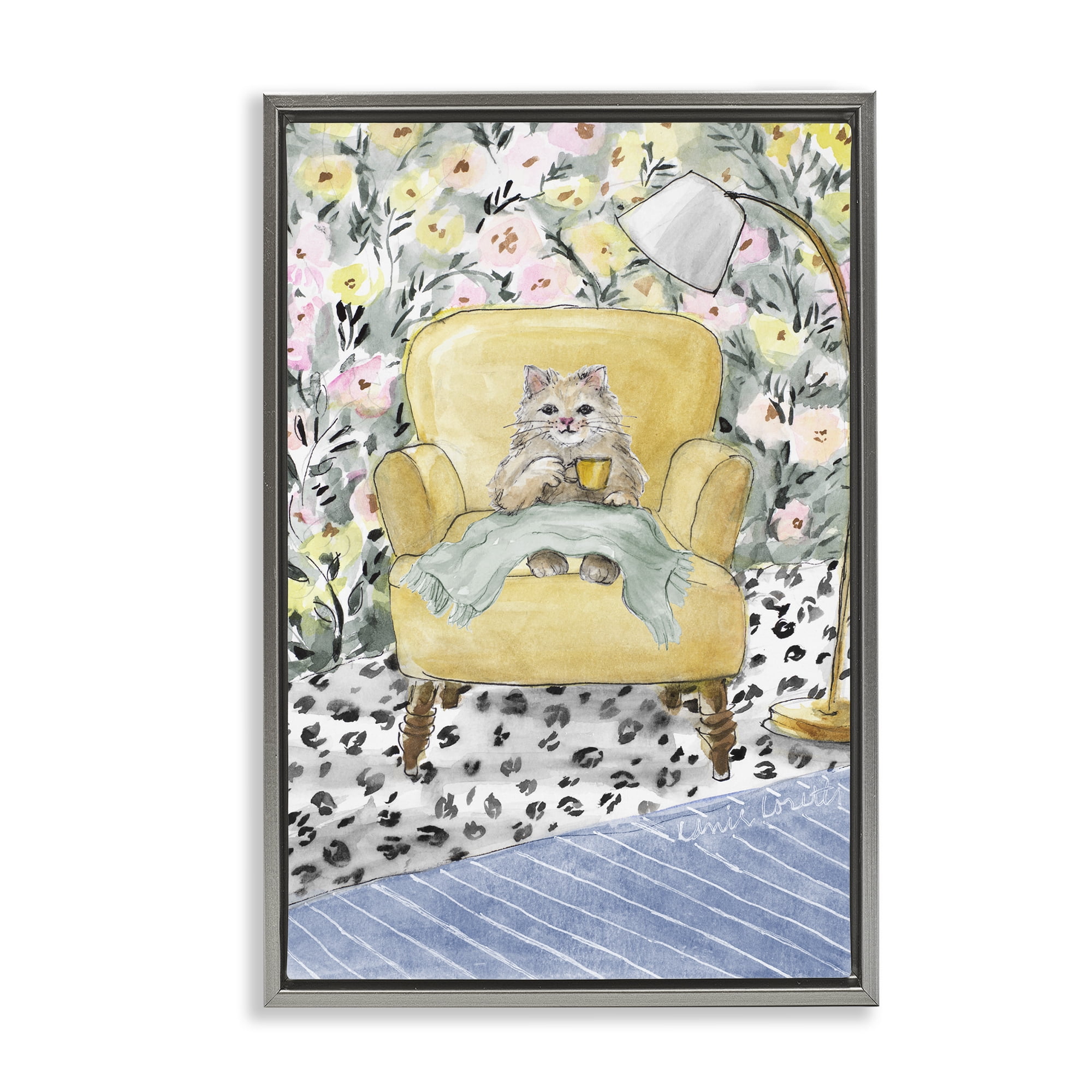 Stupell Industries Cozy Cat Corner Gray Framed Floater Canvas Wall Art, design by Lanie Loreth