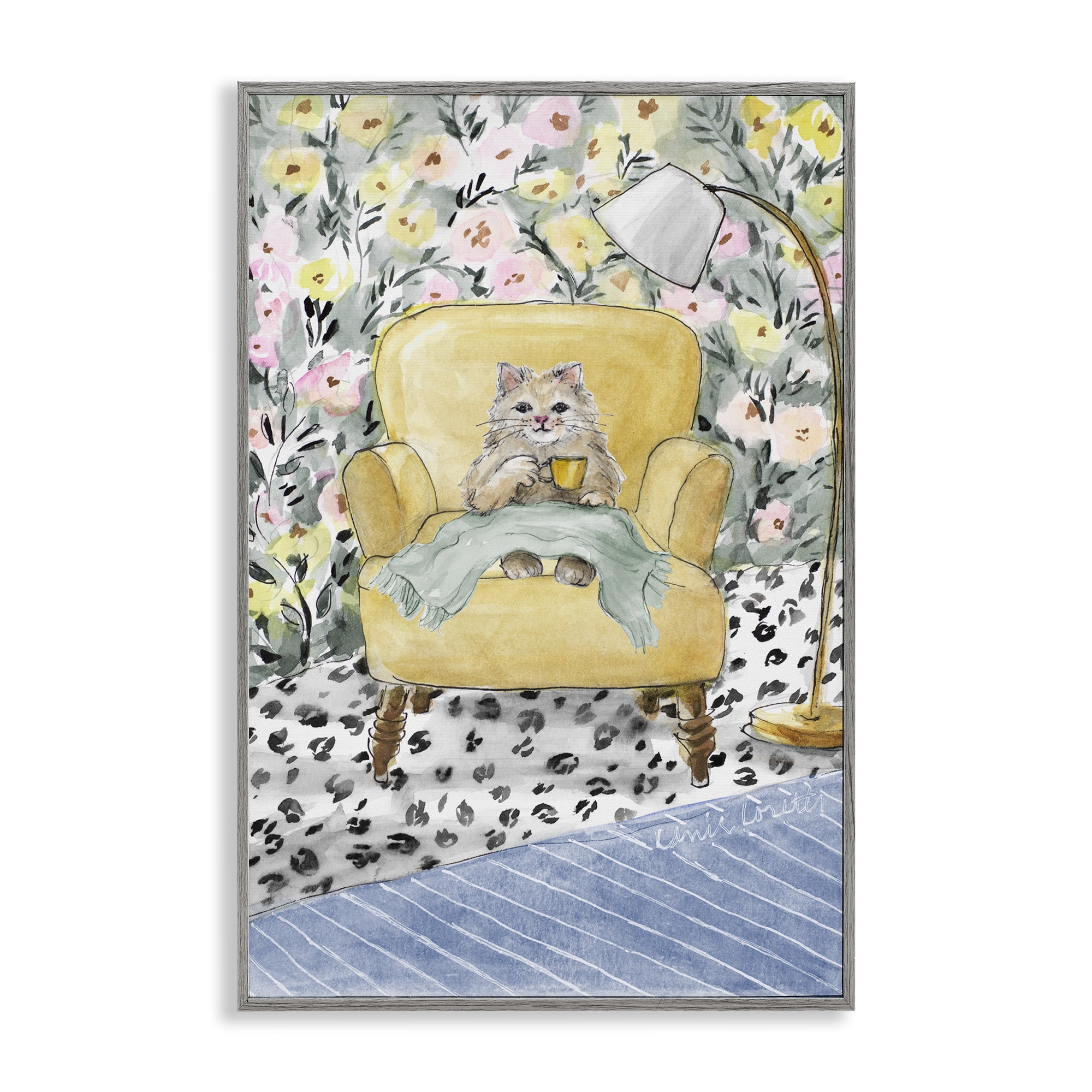 Stupell Industries Cozy Cat Corner Gray Framed Giclee Art, design by Lanie Loreth