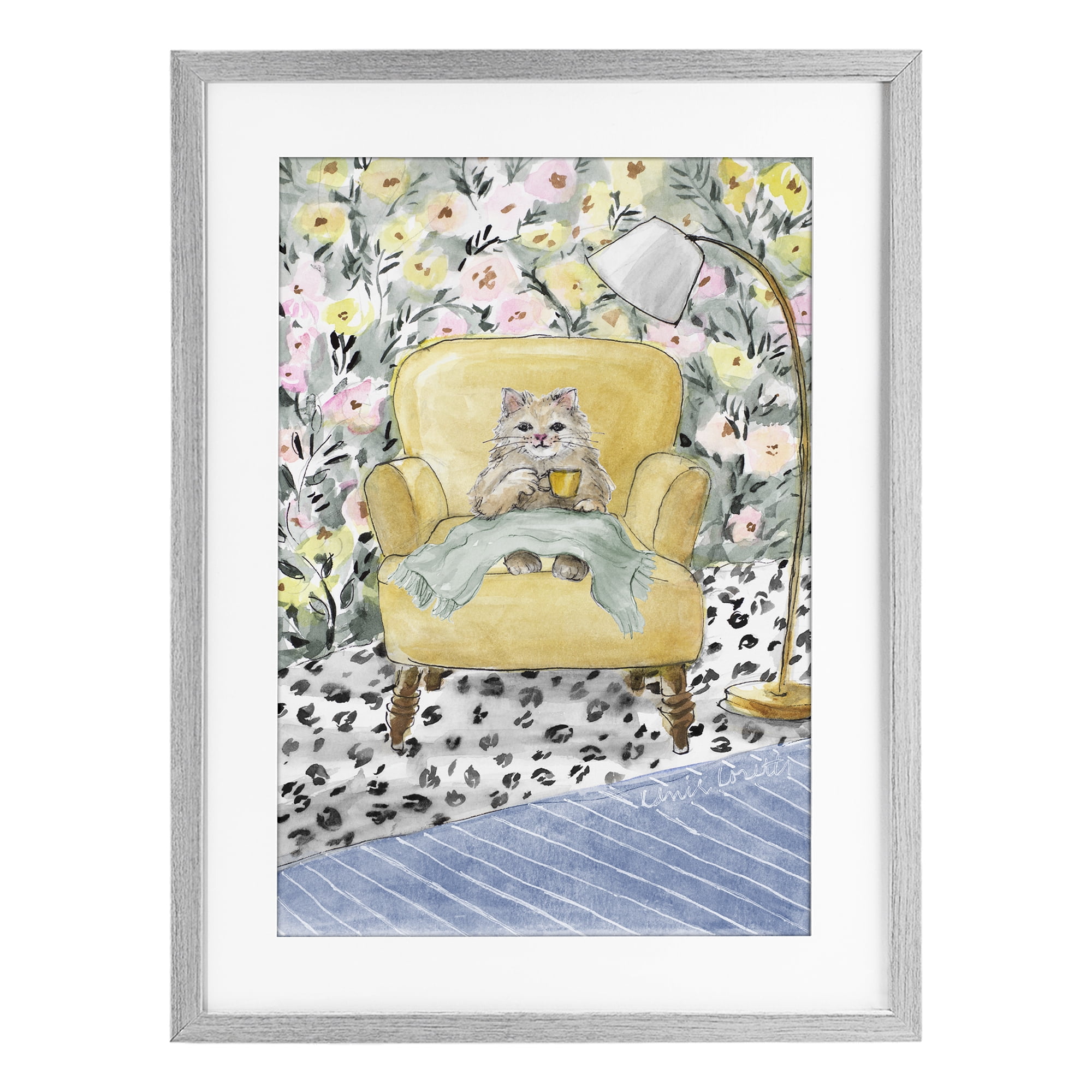 Stupell Industries Cozy Cat Corner Gray Framed Print Under Glass, design by Lanie Loreth