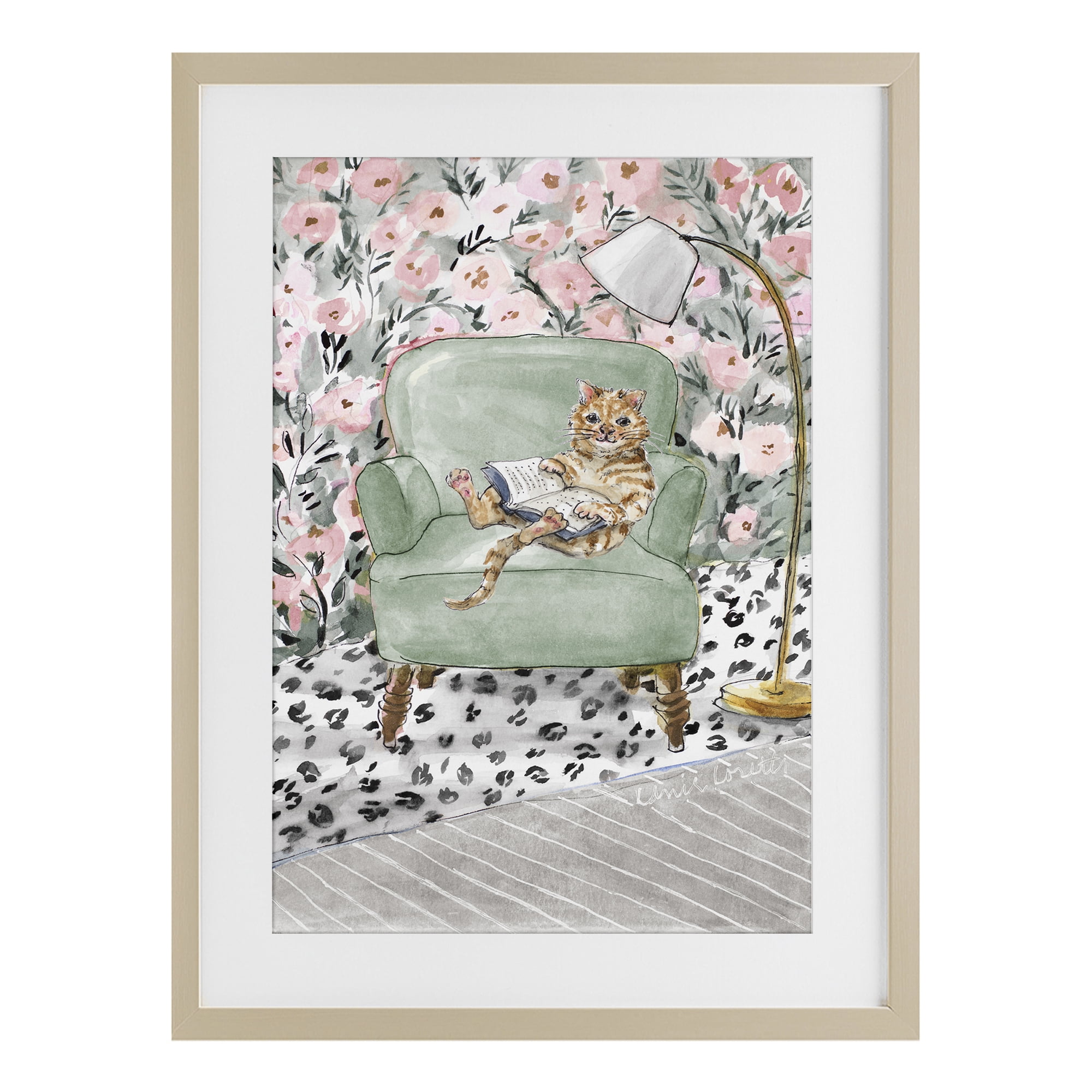Stupell Industries Cozy Cat Reading Birch Framed Print Under Glass, design by Lanie Loreth