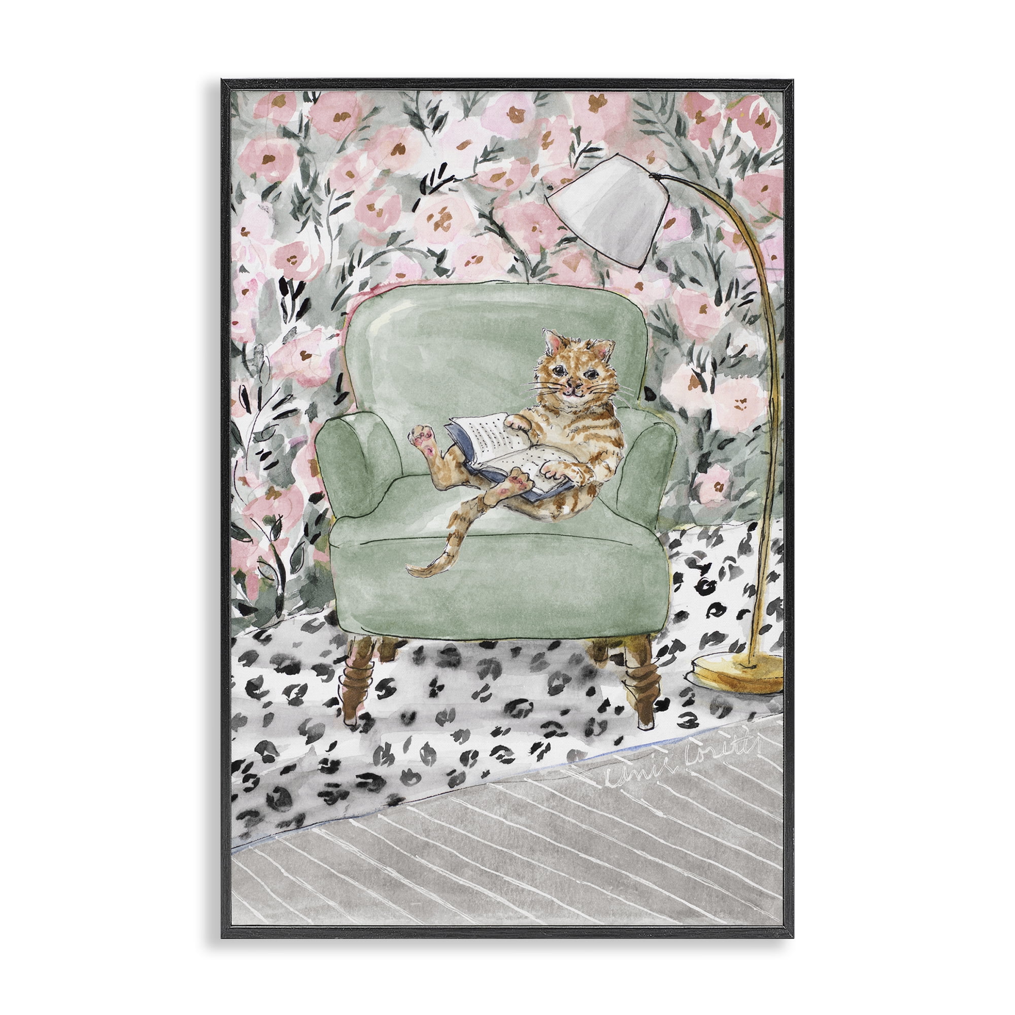 Stupell Industries Cozy Cat Reading Black Framed Giclee Art, design by Lanie Loreth