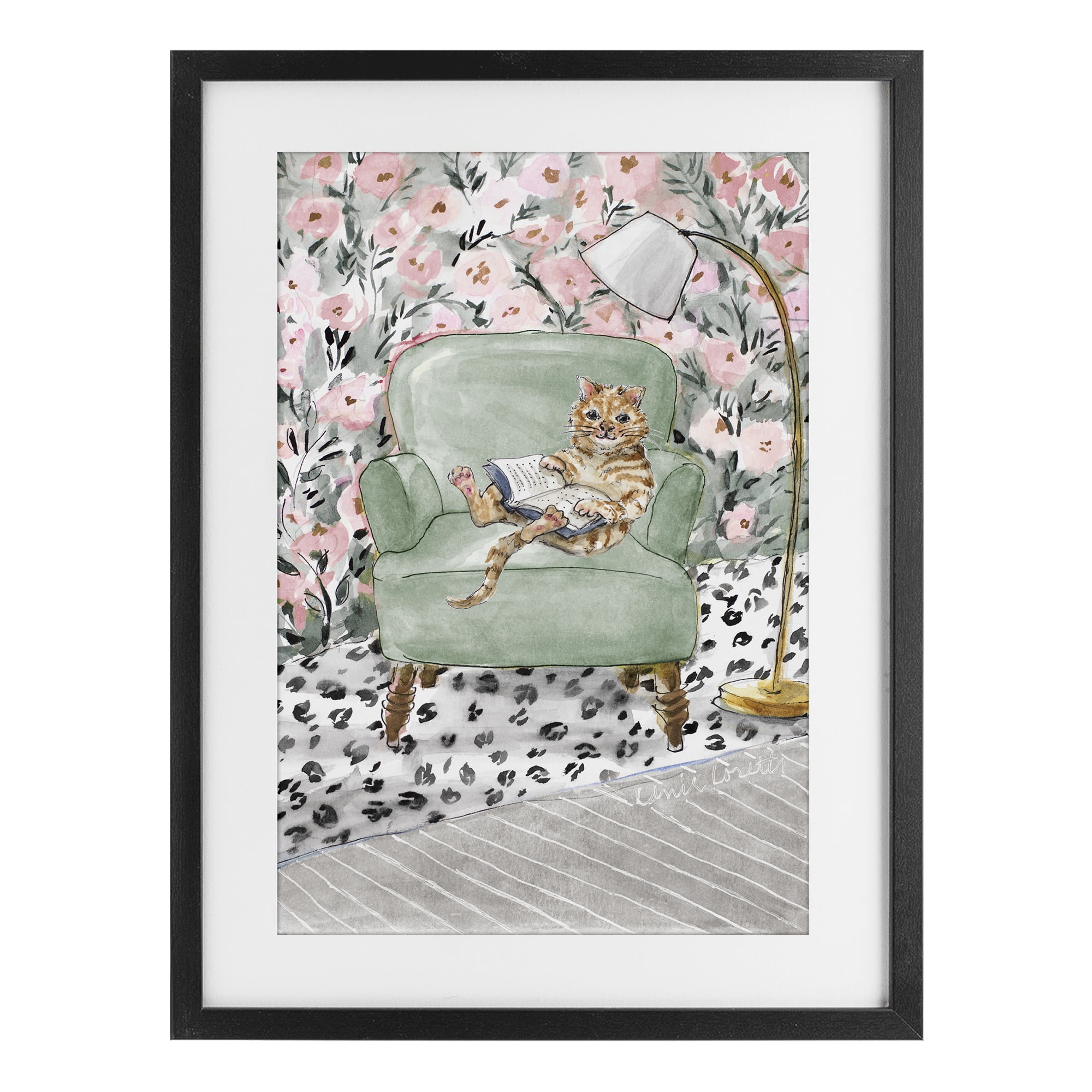Stupell Industries Cozy Cat Reading Black Framed Print Under Glass, design by Lanie Loreth