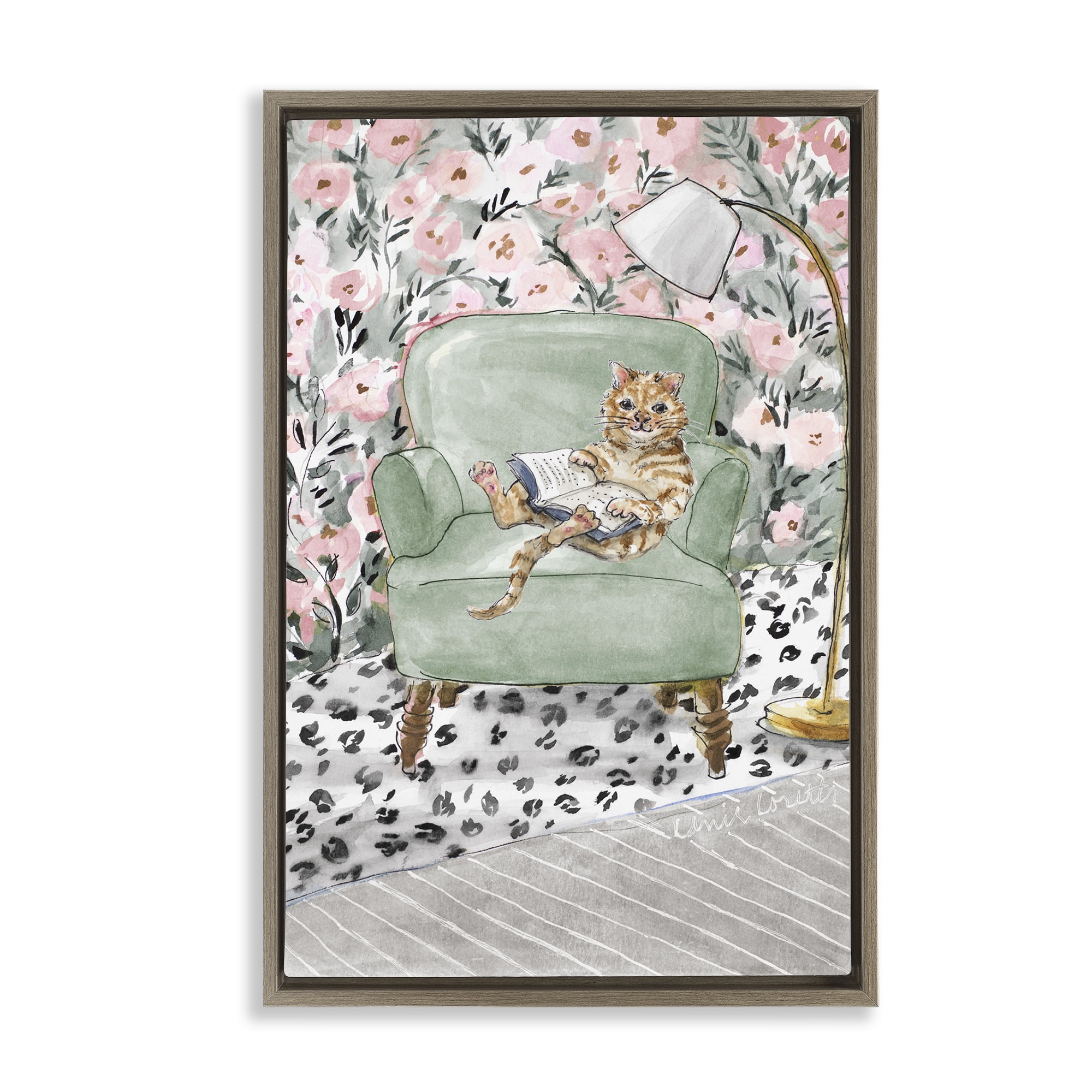 Stupell Industries Cozy Cat Reading Brown Framed Floater Canvas Wall Art, design by Lanie Loreth