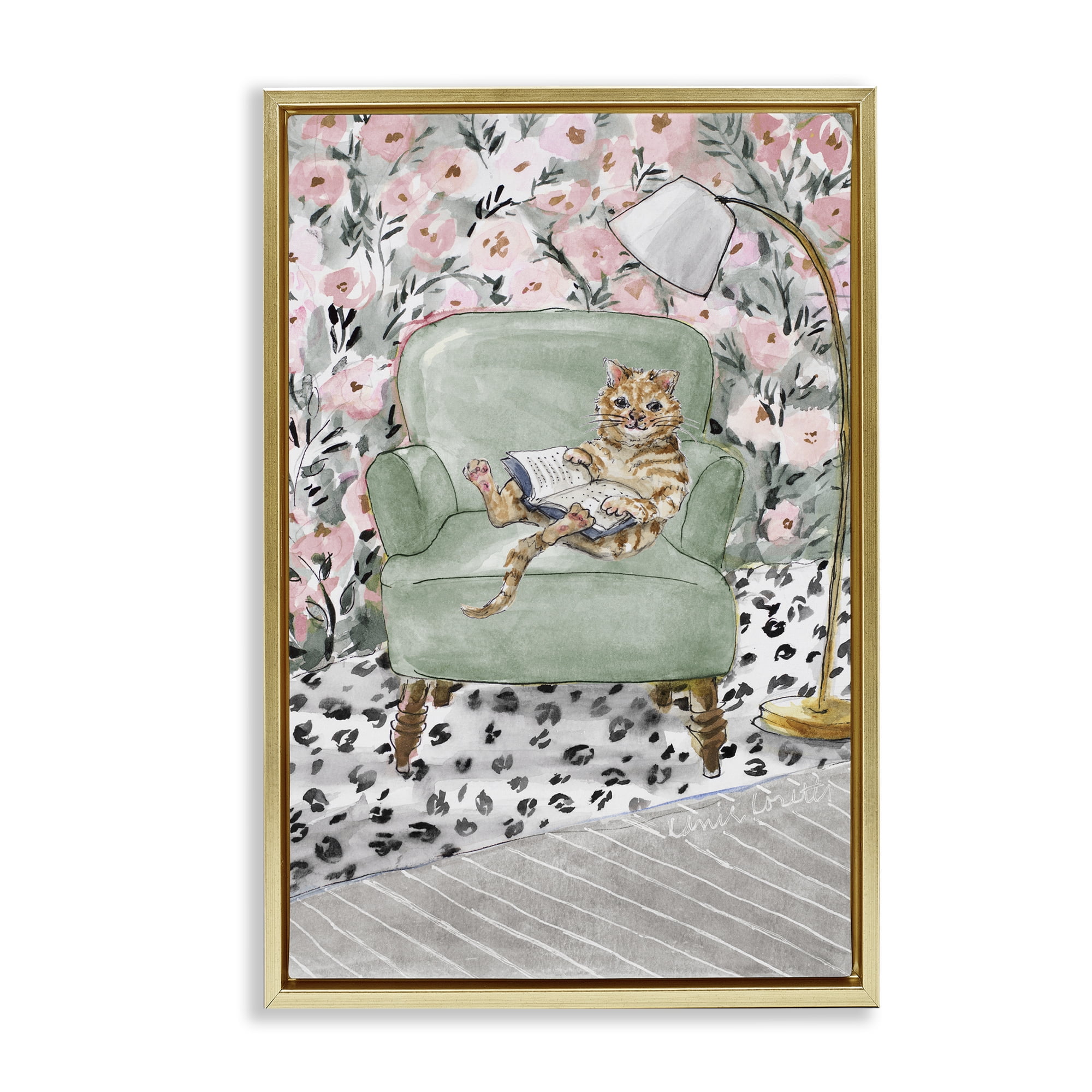 Stupell Industries Cozy Cat Reading Gold Framed Floater Canvas Wall Art, design by Lanie Loreth