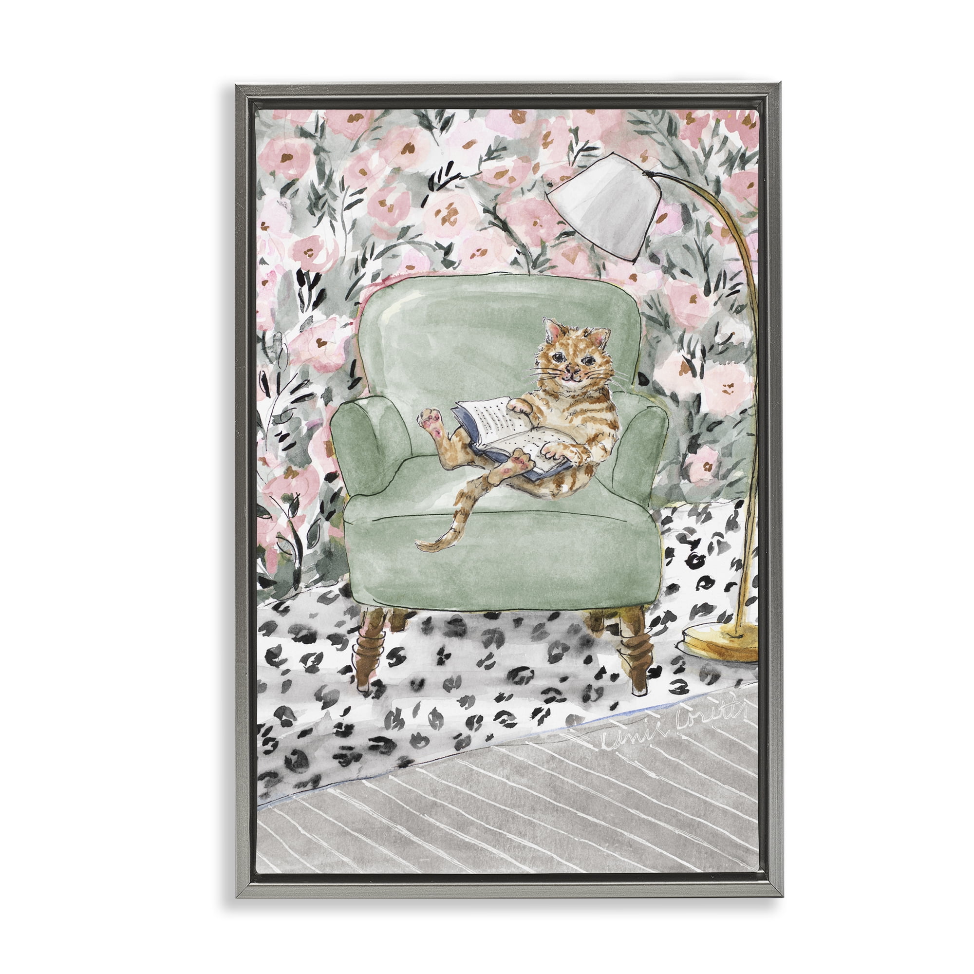 Stupell Industries Cozy Cat Reading Gray Framed Floater Canvas Wall Art, design by Lanie Loreth