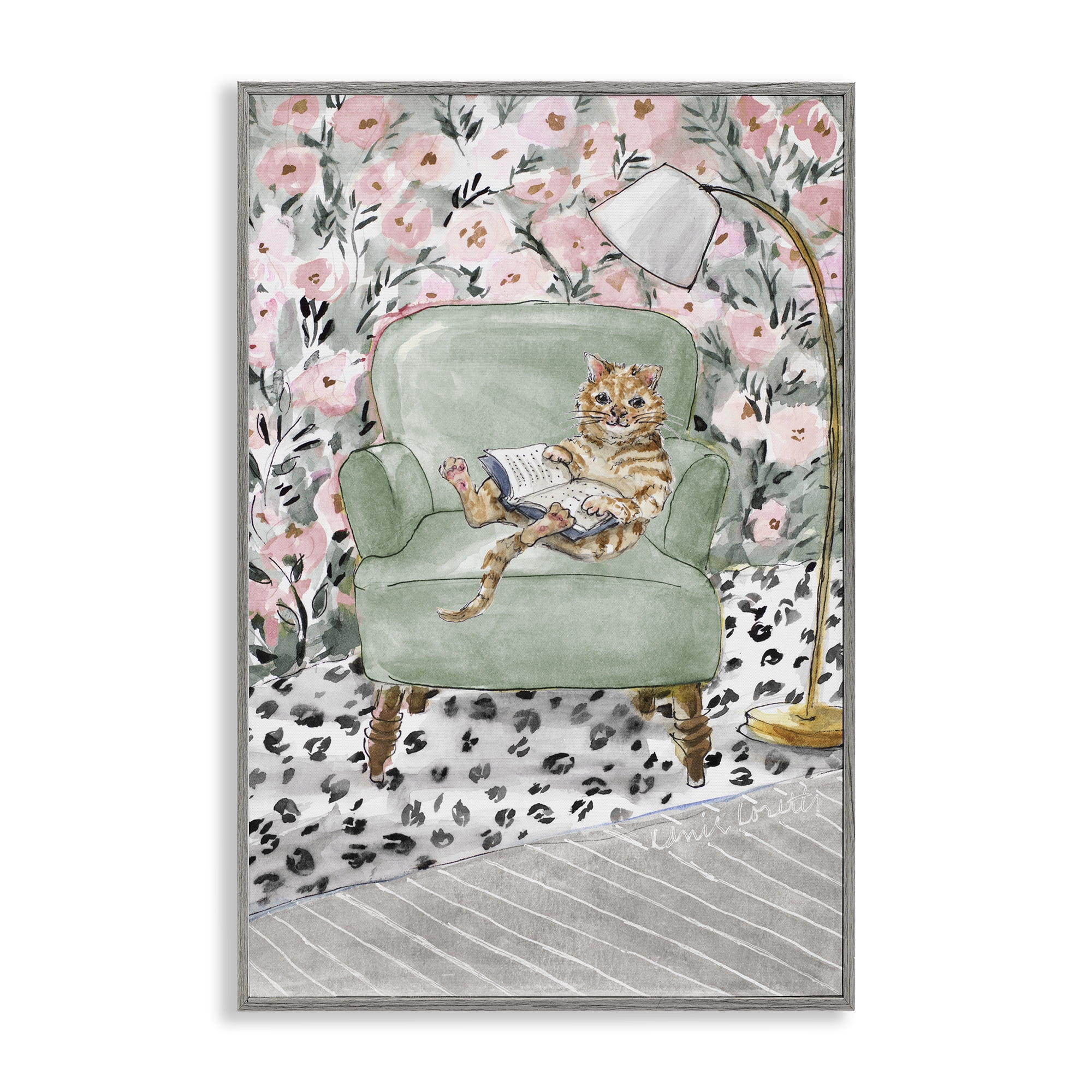 Stupell Industries Cozy Cat Reading Gray Framed Giclee Art, design by Lanie Loreth