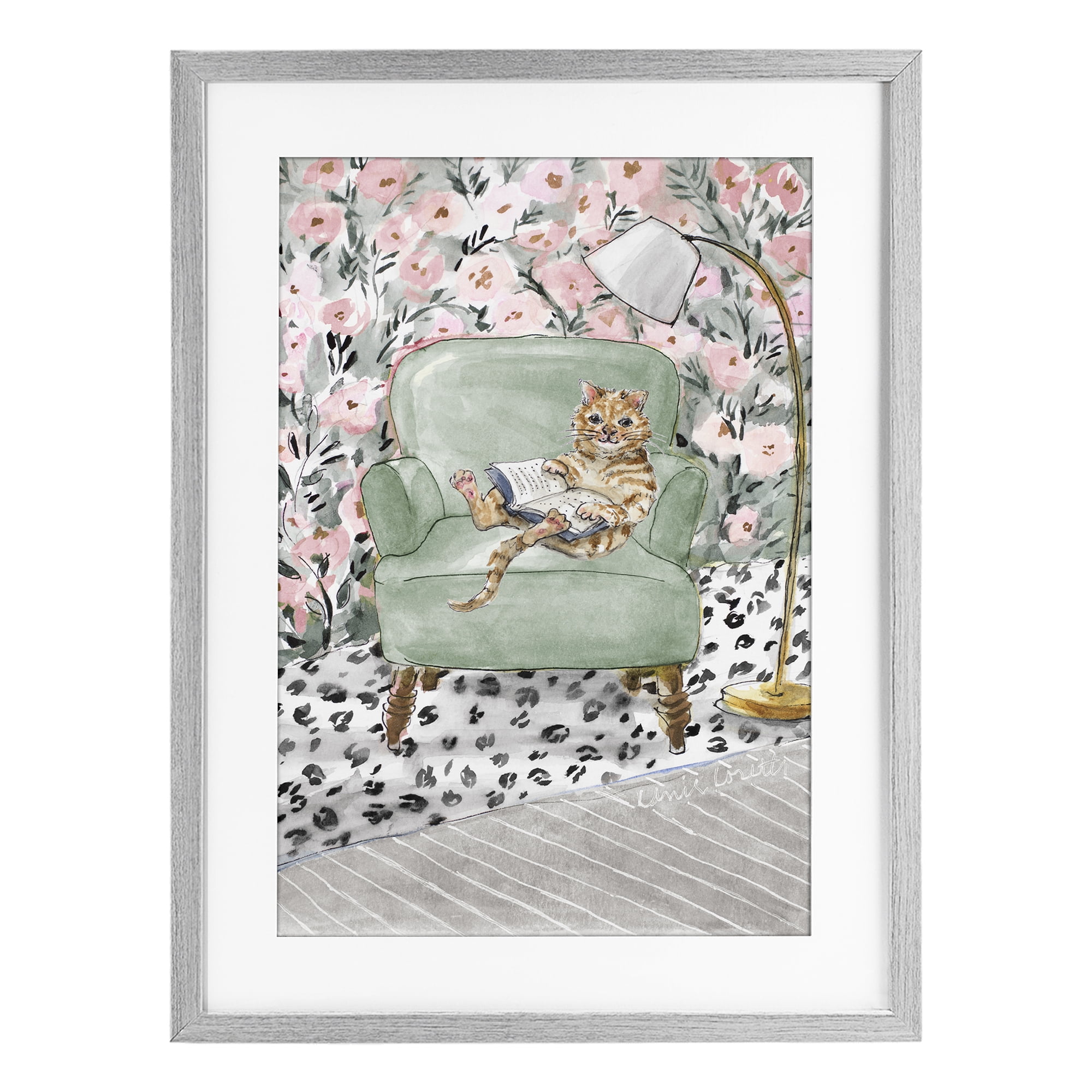 Stupell Industries Cozy Cat Reading Gray Framed Print Under Glass, design by Lanie Loreth