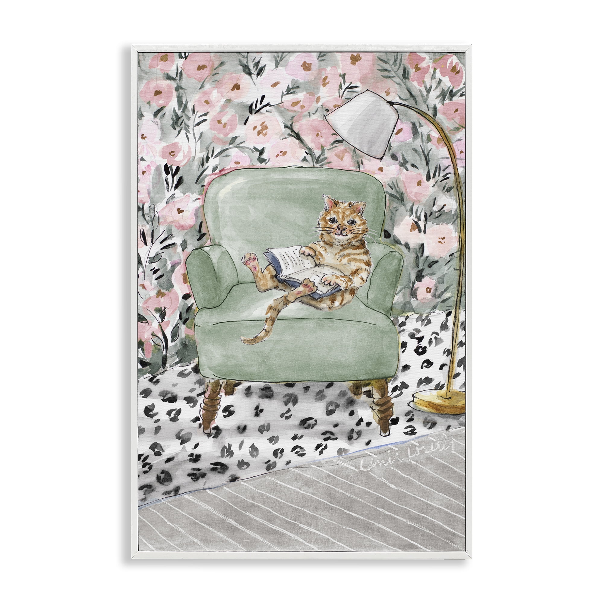 Stupell Industries Cozy Cat Reading White Framed Giclee Art, design by Lanie Loreth