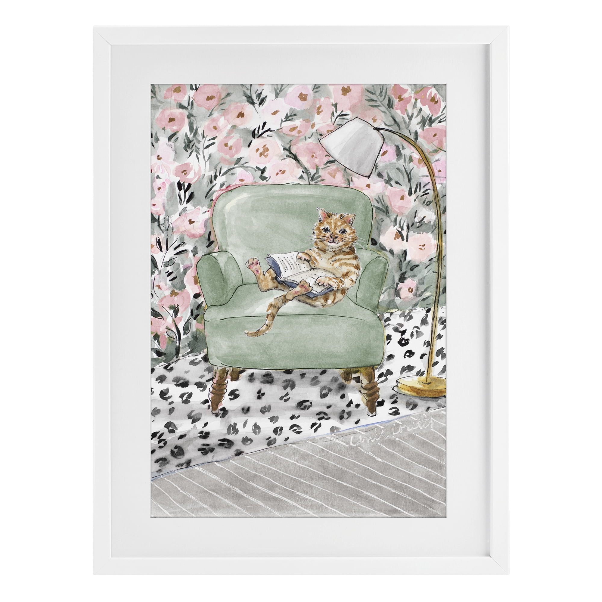 Stupell Industries Cozy Cat Reading White Framed Print Under Glass, design by Lanie Loreth