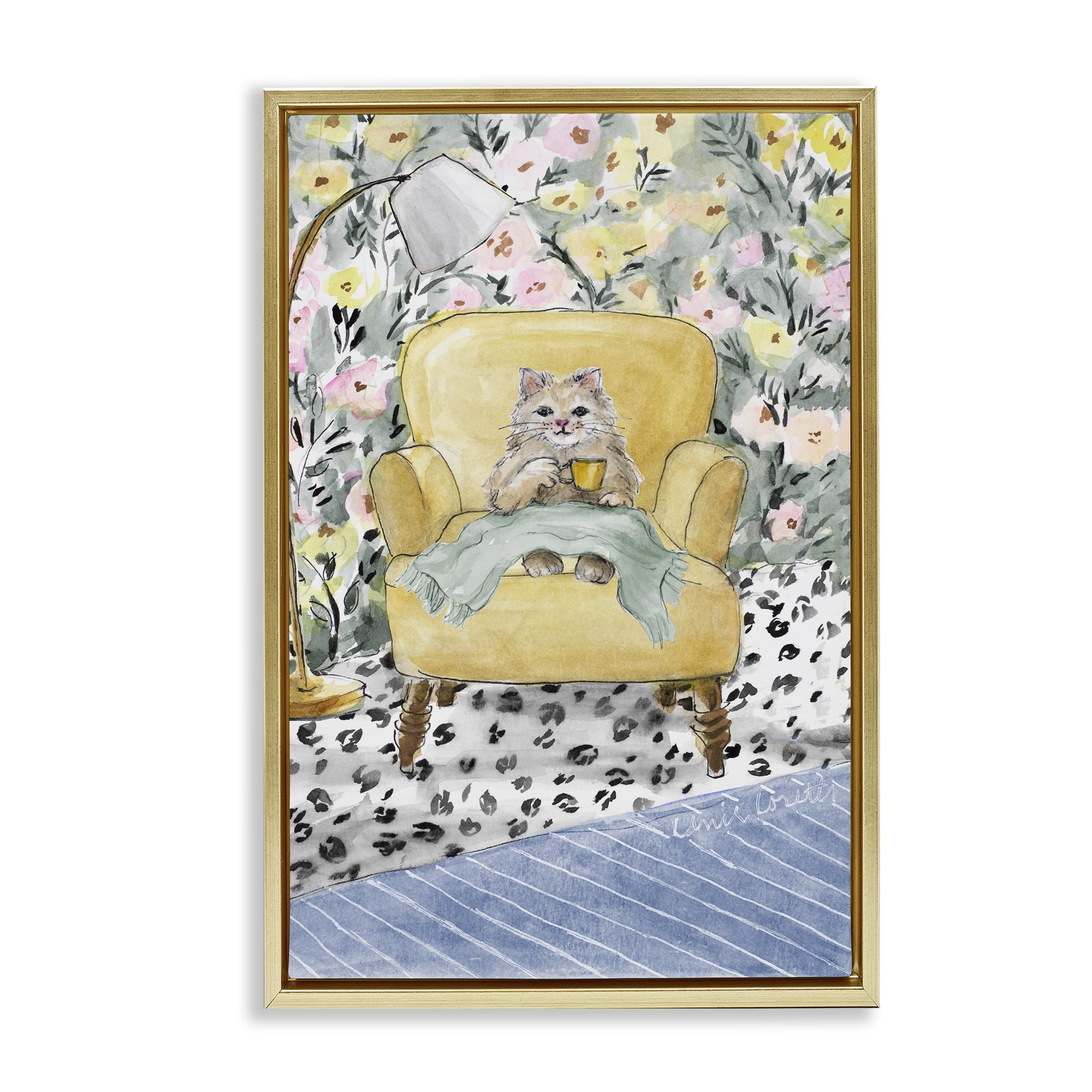 Stupell Industries Cozy Cat Relaxing Gold Framed Floater Canvas Wall Art, design by Lanie Loreth