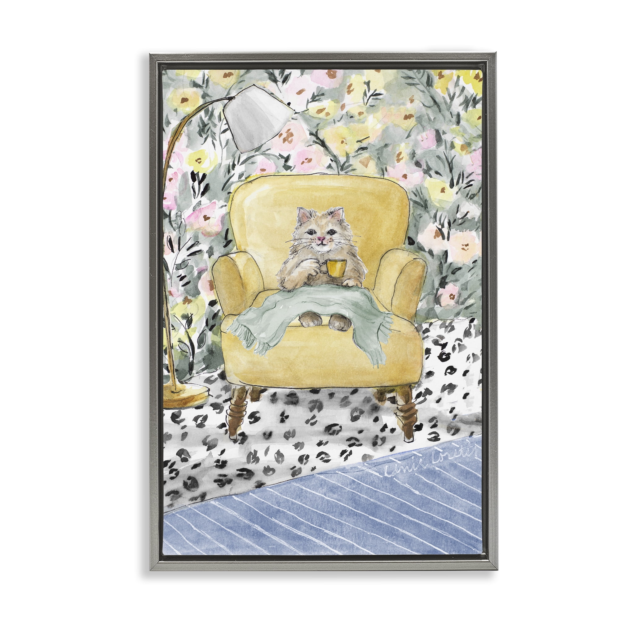 Stupell Industries Cozy Cat Relaxing Gray Framed Floater Canvas Wall Art, design by Lanie Loreth