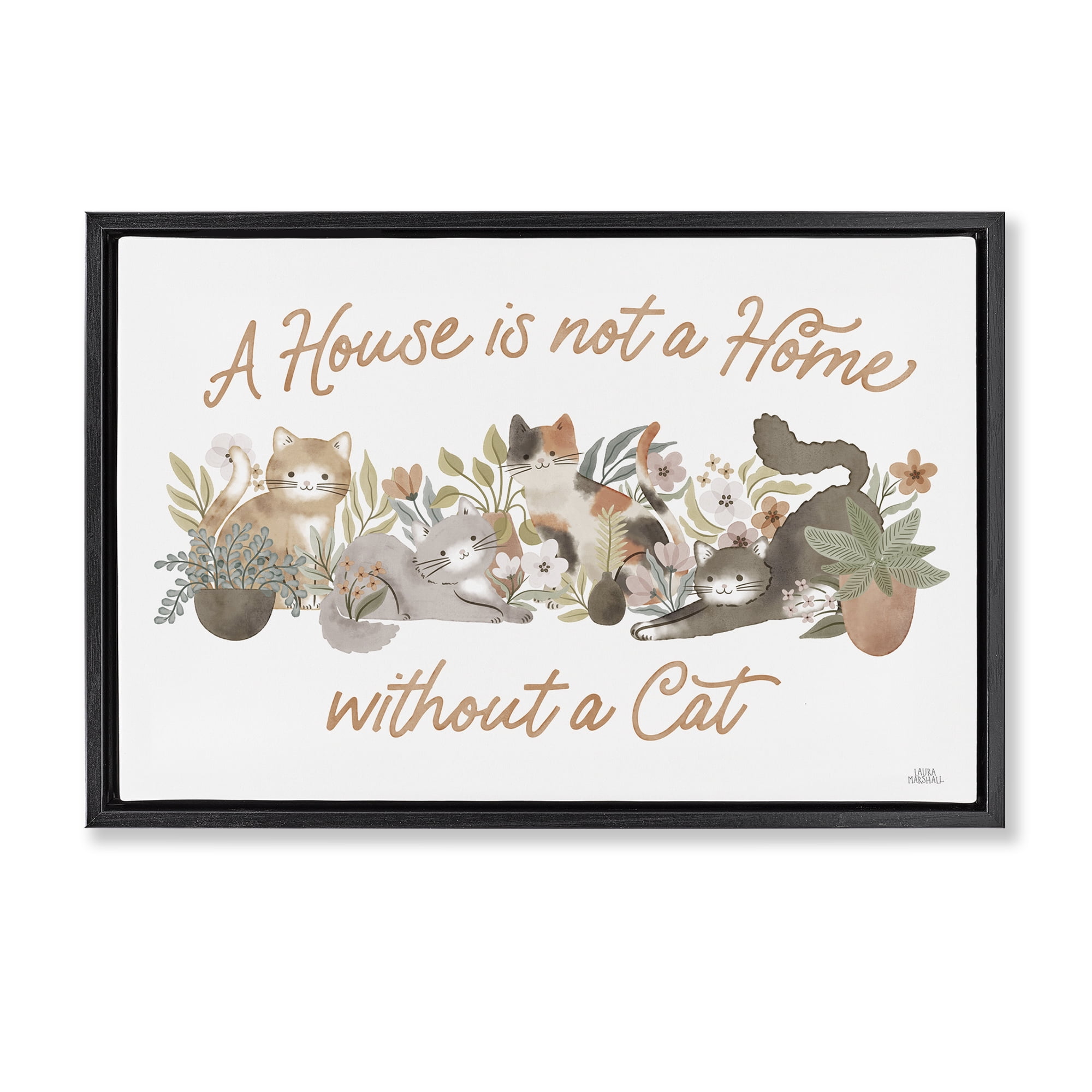 Stupell Industries Cozy Cats & Plants Phrase Animals & Insects Painting Black Floater Framed Canvas Art Print Wall Art, 31 x 21