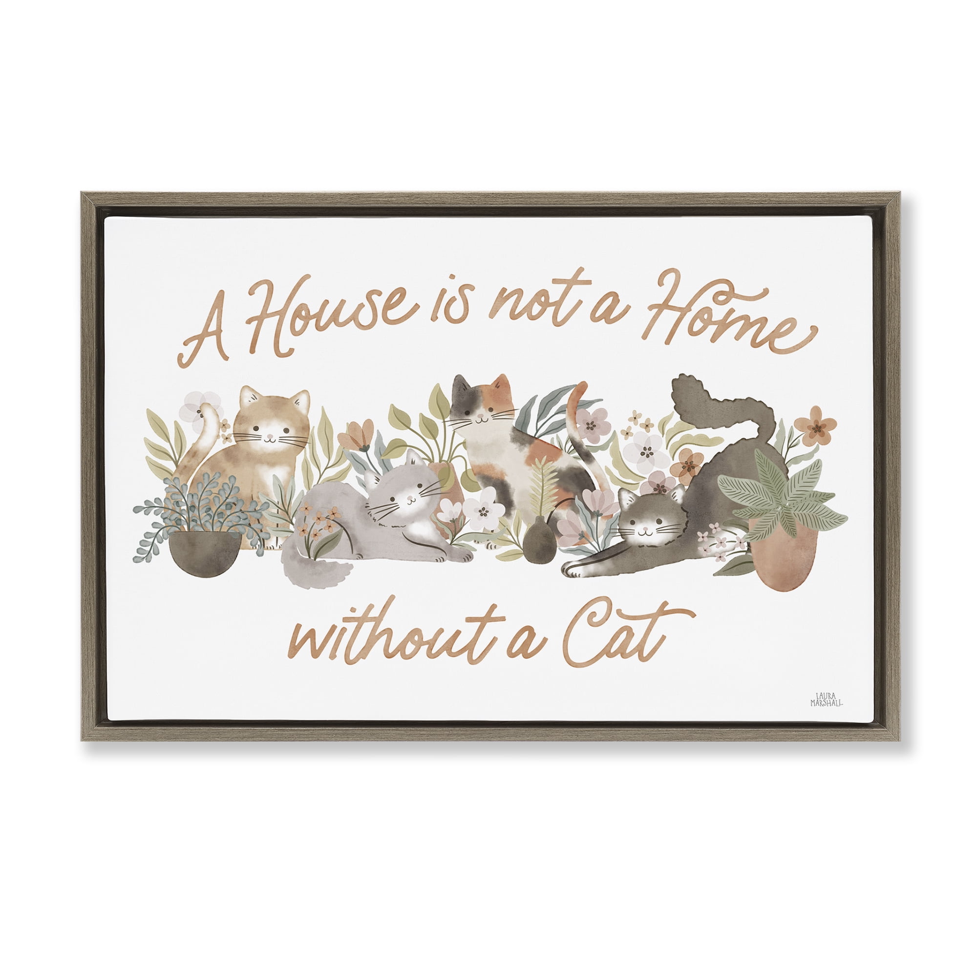 Stupell Industries Cozy Cats & Plants Phrase Animals & Insects Painting Brown Floater Framed Canvas Art Print Wall Art, 31 x 21
