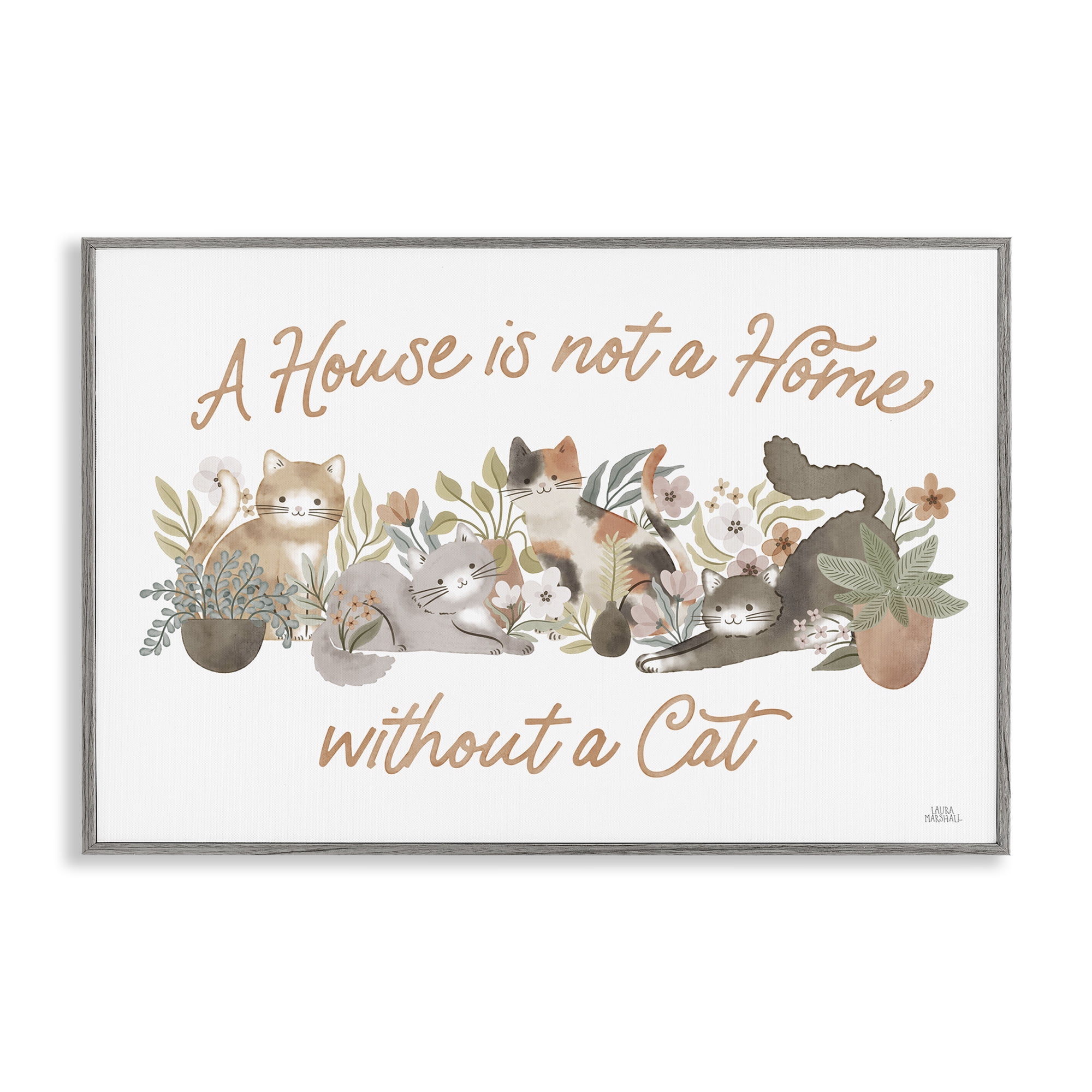 Stupell Industries Cozy Cats & Plants Phrase Animals & Insects Painting Gray Framed Art Print Wall Art, 30 x 20