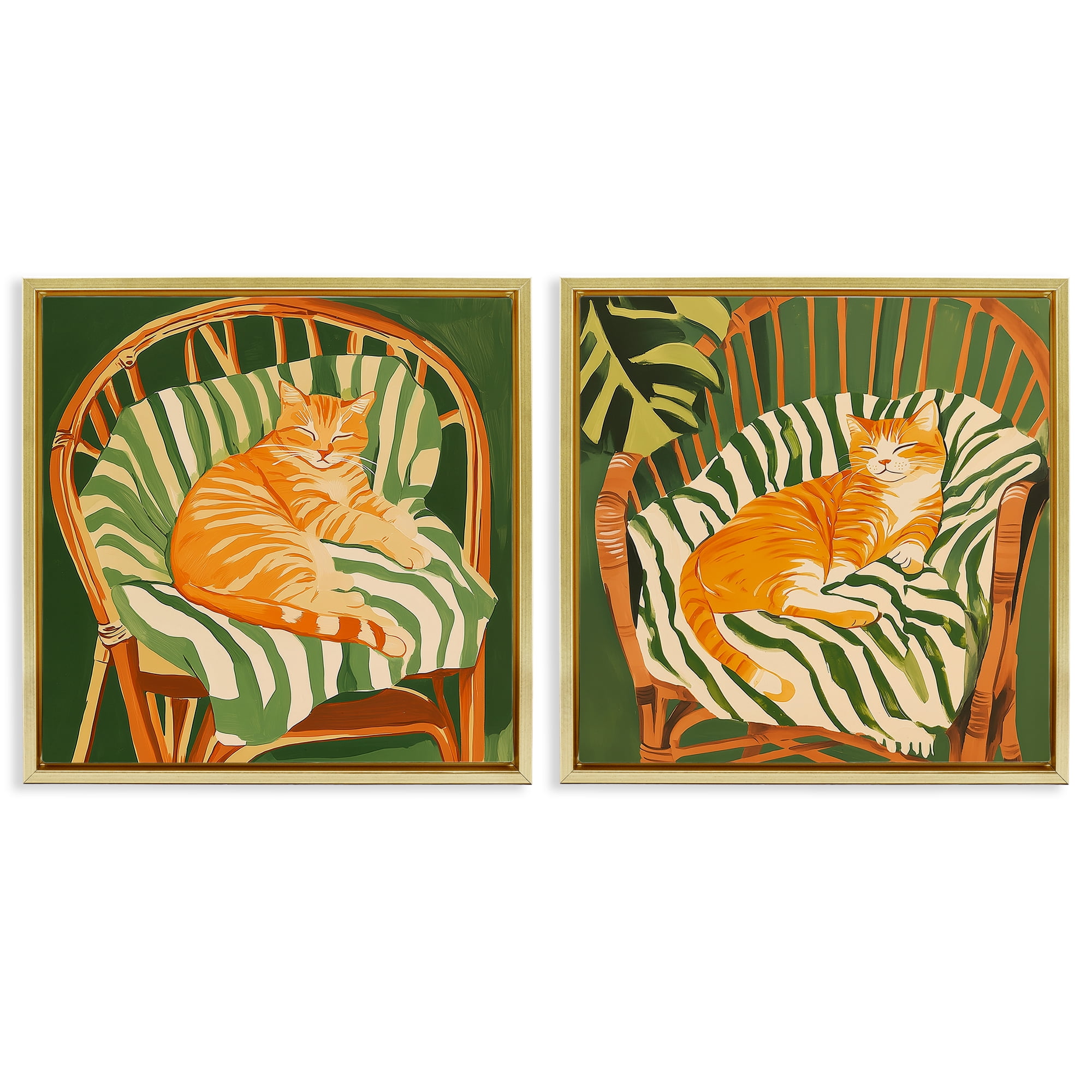 Stupell Industries Cozy Cats in Rattan Chairs 2 Piece Gold Framed Floater Canvas Set, design by Walker Noble