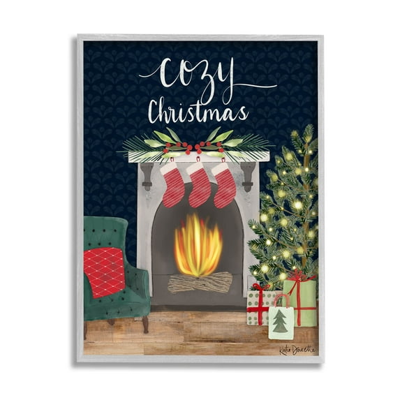Stupell Industries Cozy Christmas Fireplace Mantle Graphic Art Gray Framed Art Print Wall Art, Design by Katie Doucette