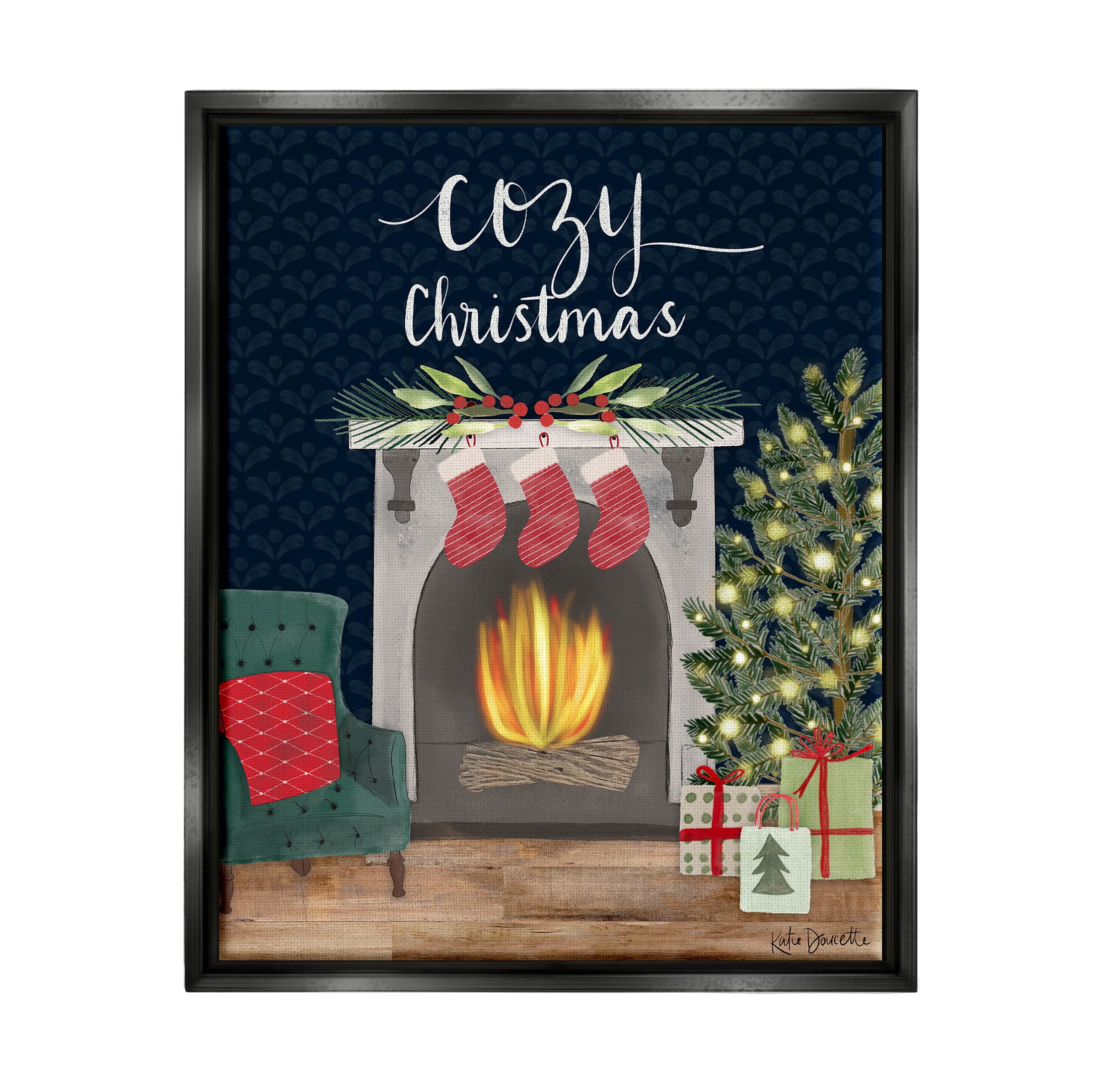 Stupell Industries Cozy Christmas Fireplace Mantle Graphic Art Jet Black Floating Framed Canvas Print Wall Art, Design by Katie Doucette
