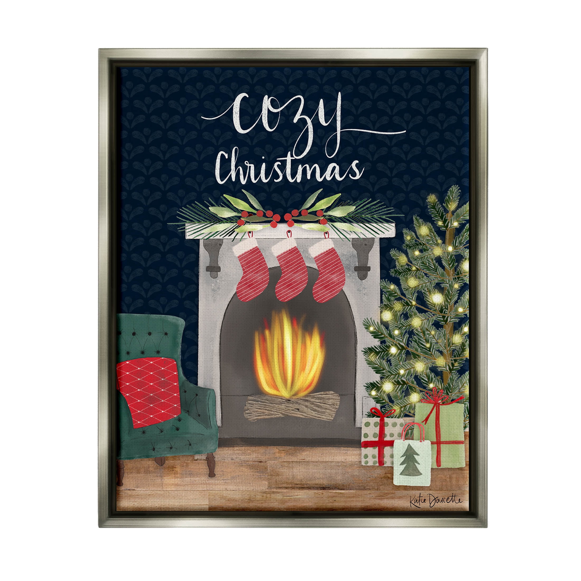 Stupell Industries Cozy Christmas Fireplace Mantle Graphic Art Luster Gray Floating Framed Canvas Print Wall Art, Design by Katie Doucette