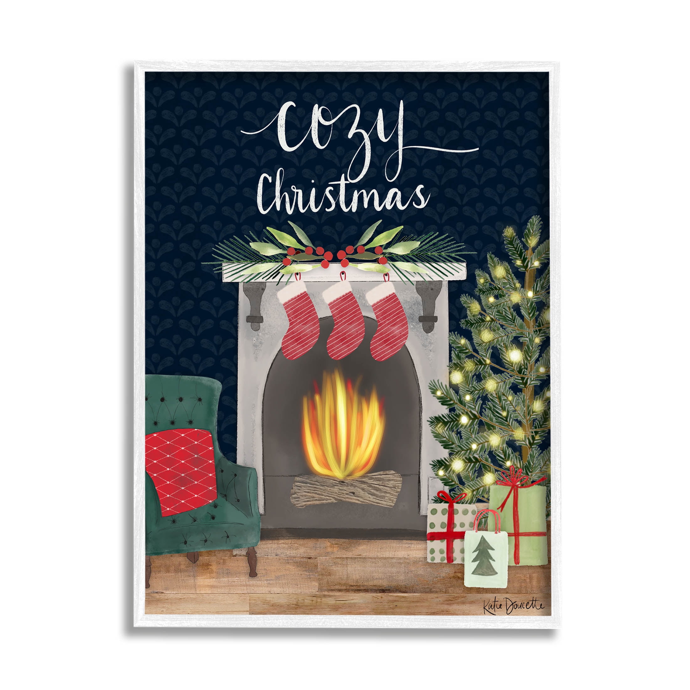 Stupell Industries Cozy Christmas Fireplace Mantle Graphic Art White Framed Art Print Wall Art, Design by Katie Doucette