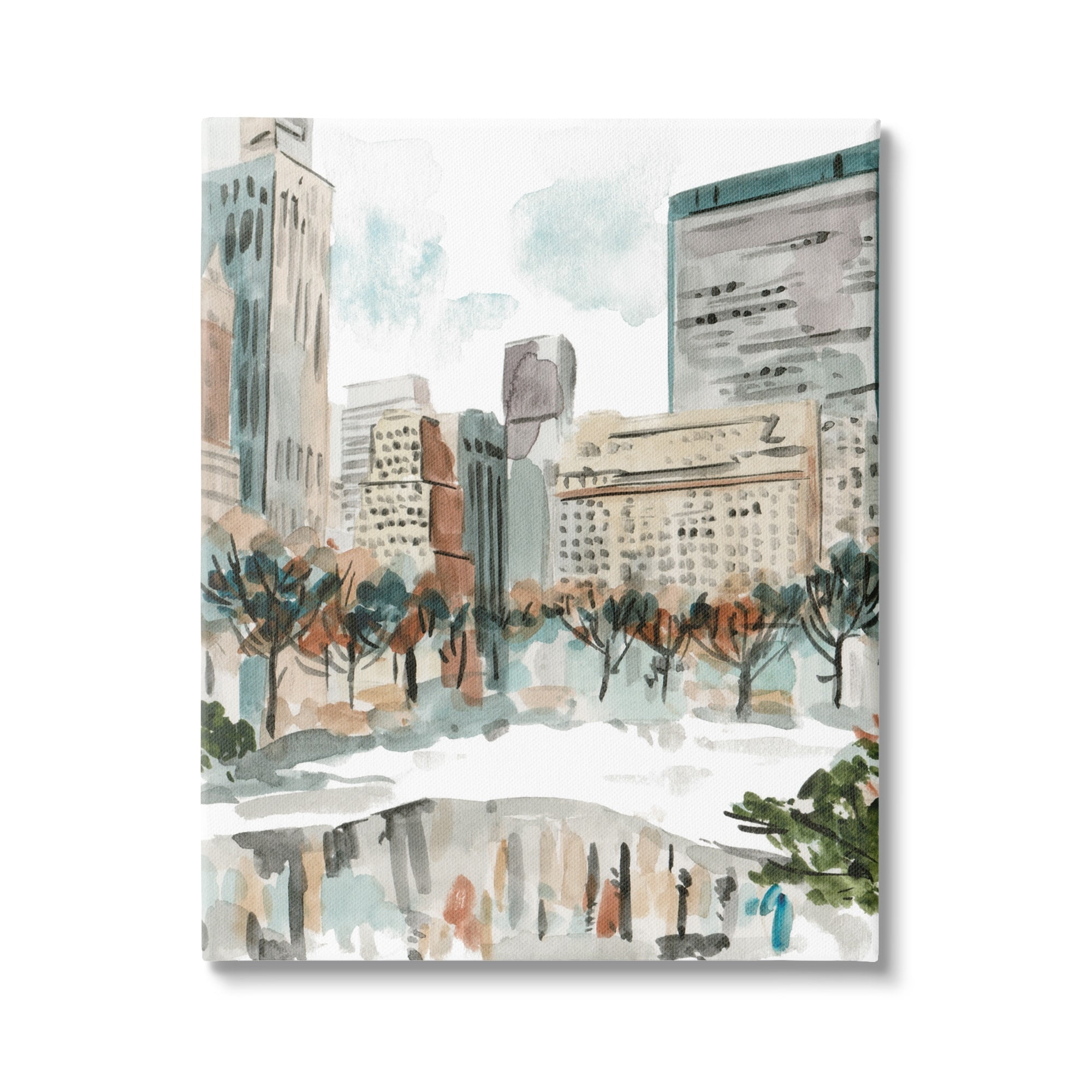 Stupell Industries Cozy City Pond Trees Reflection Wintery Cityscape Paintings Gallery-Wrapped Canvas Print Wall Art, 24x30, by Melissa Wang