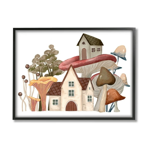 Stupell Industries Cozy Cottages Whimsical Mushroom Town Botanical Forest Painting Black Framed Art Print Wall Art, Design by Ziwei Li