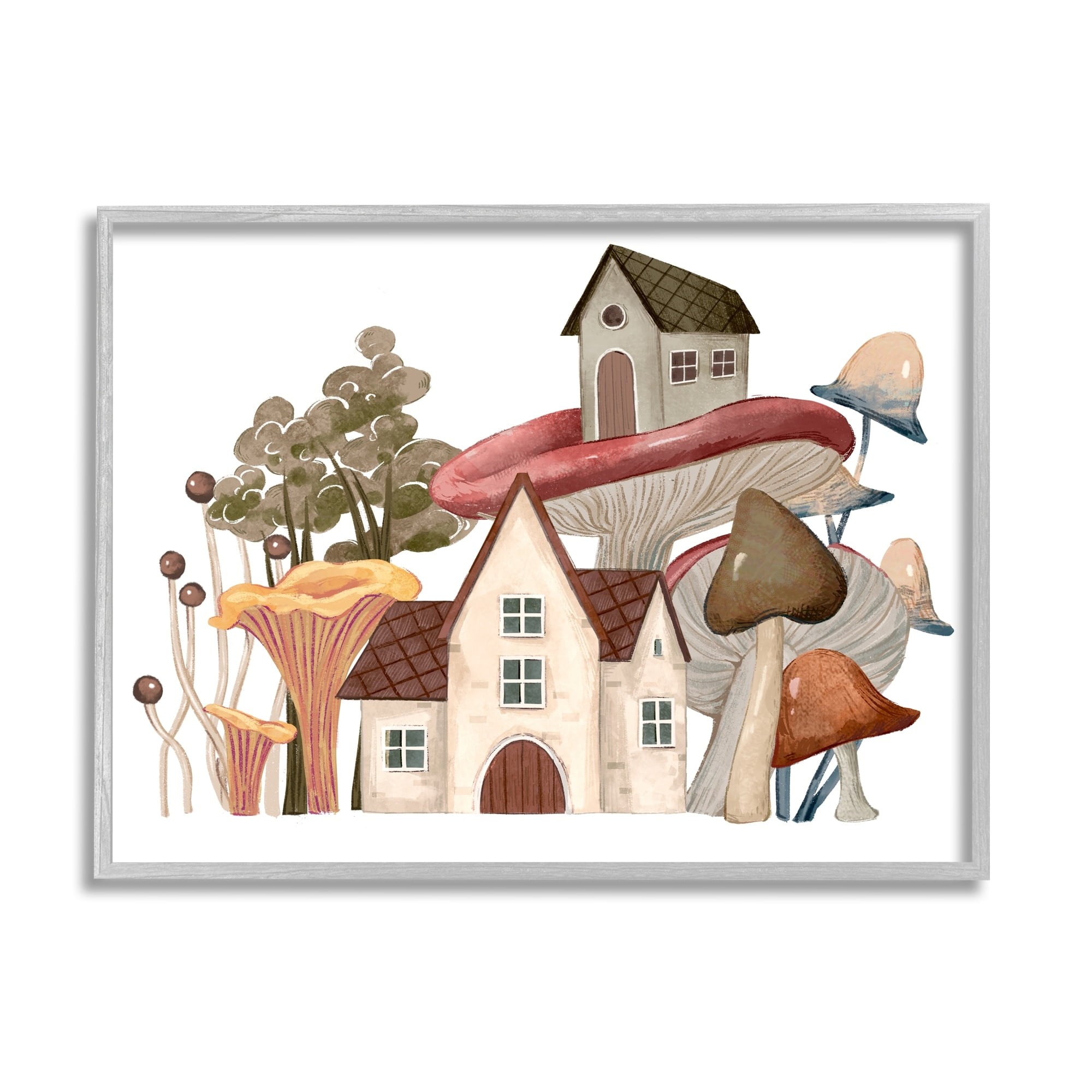 Stupell Industries Cozy Cottages Whimsical Mushroom Town Botanical Forest Painting Gray Framed Art Print Wall Art, Design by Ziwei Li