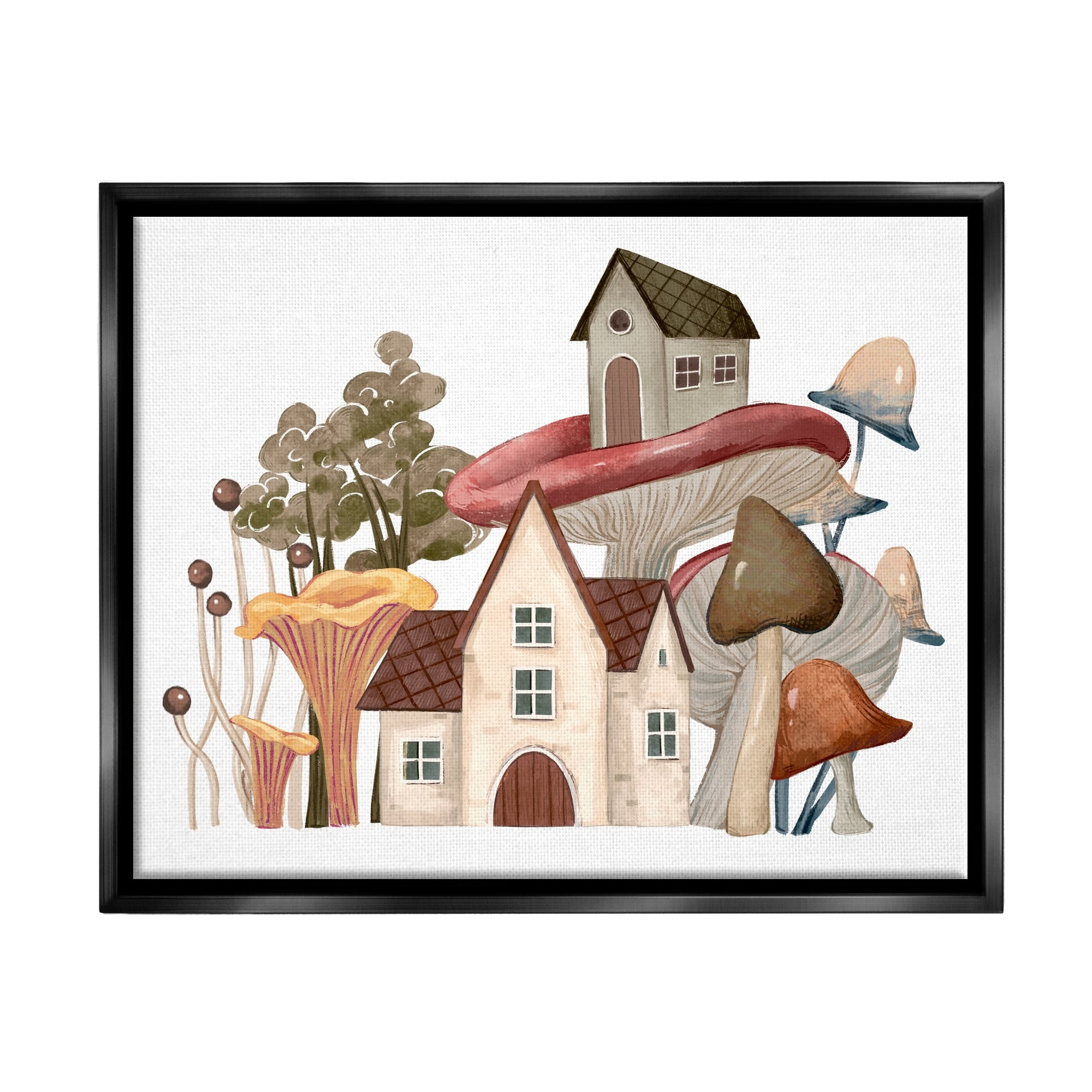 Stupell Industries Cozy Cottages Whimsical Mushroom Town Botanical Forest Painting Jet Black Floating Framed Canvas Print Wall Art, Design by Ziwei Li