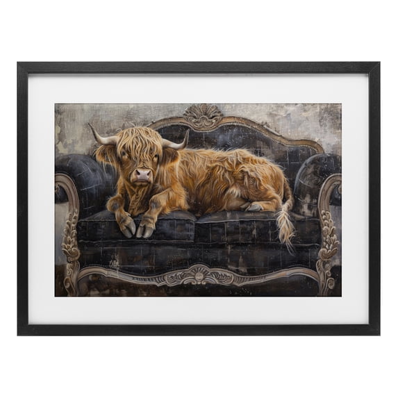 Stupell Industries Art Deco Cozy Couch Highland Cow Black Framed Print Under Glass, 20 x 14, by Tina LeCour