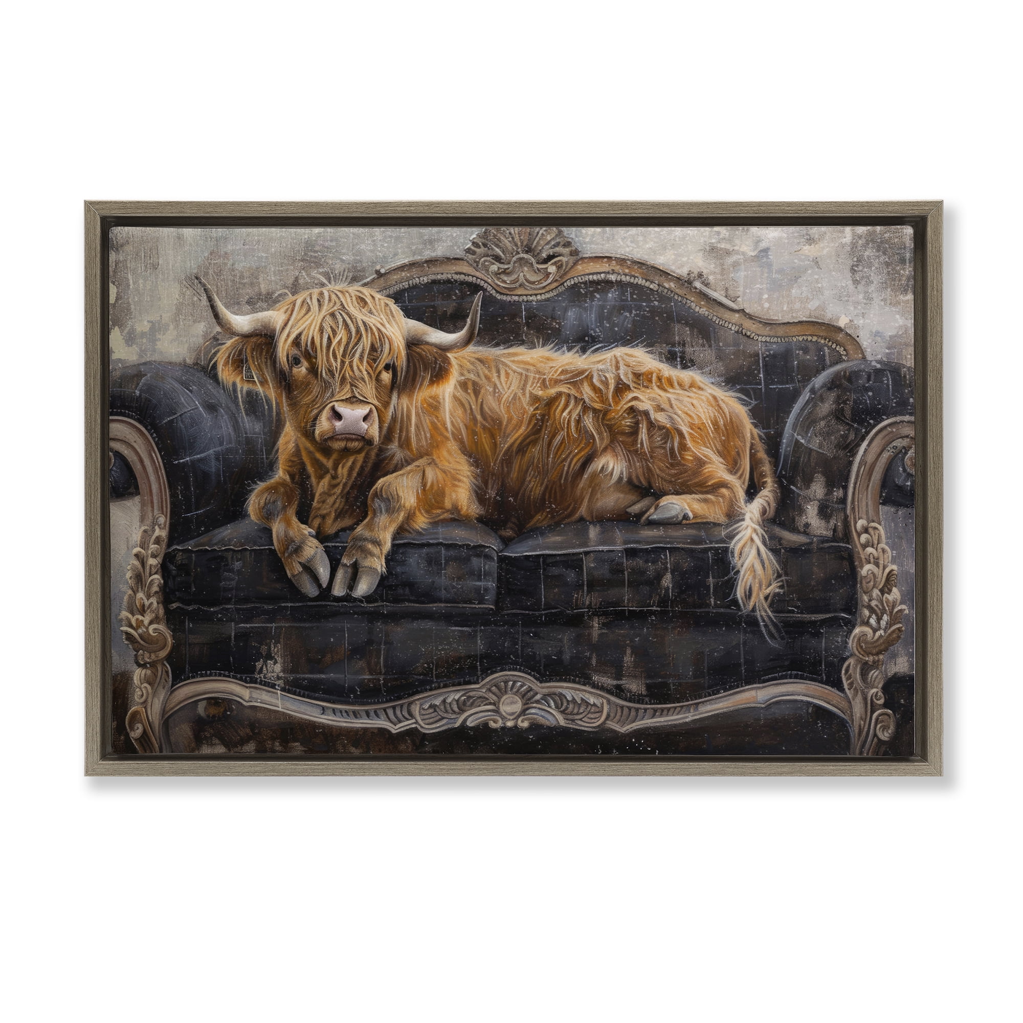Stupell Industries Cozy Couch Highland Cow Brown Framed Floater Canvas Wall Art, design by Tina LeCour