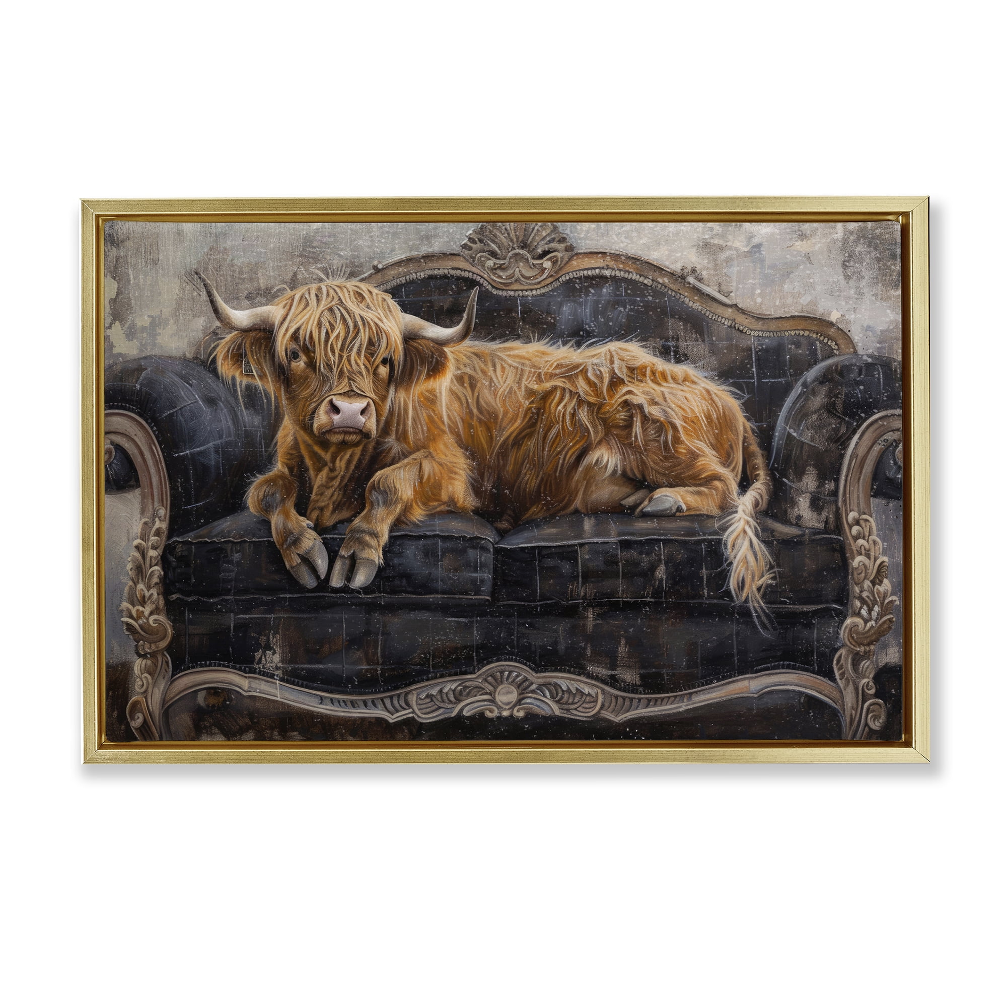 Stupell Industries Cozy Couch Highland Cow Gold Framed Floater Canvas Wall Art, design by Tina LeCour