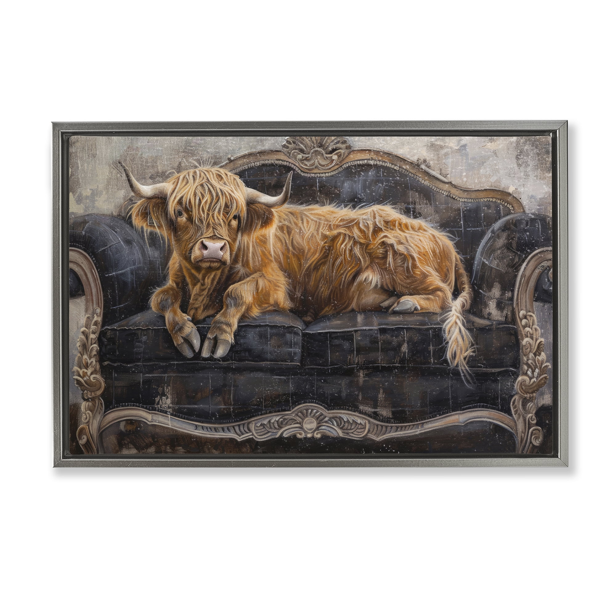 Stupell Industries Cozy Couch Highland Cow Gray Framed Floater Canvas Wall Art, design by Tina LeCour