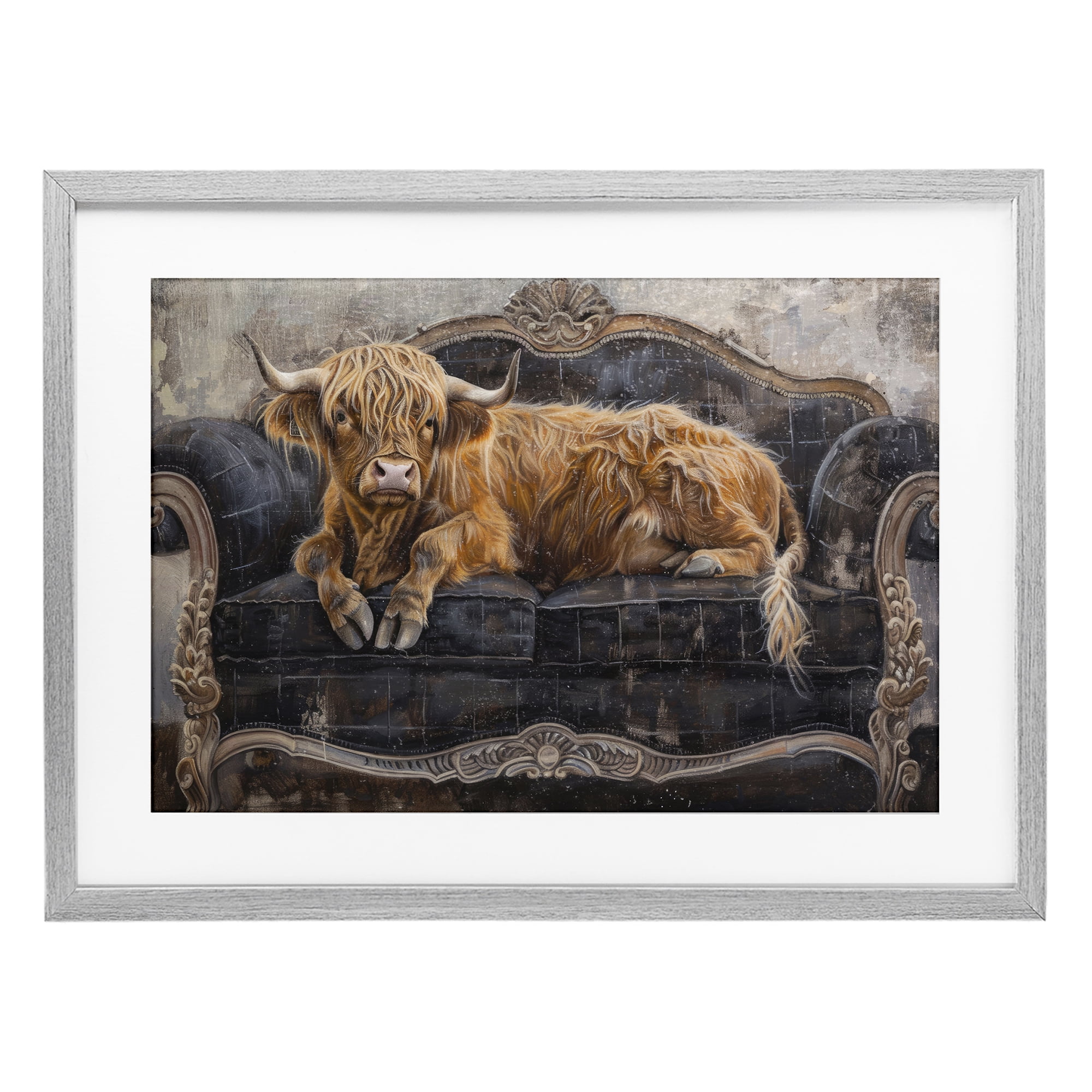 Stupell Industries Cozy Couch Highland Cow Gray Framed Print Under Glass, design by Tina LeCour