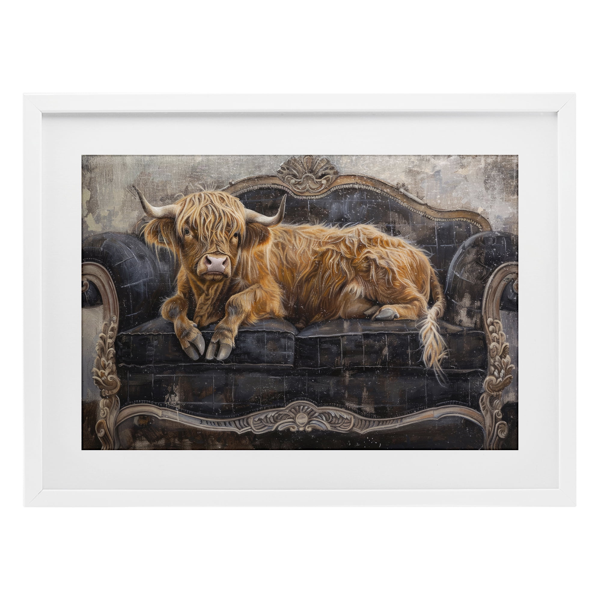 Stupell Industries Cozy Couch Highland Cow White Framed Print Under Glass, design by Tina LeCour