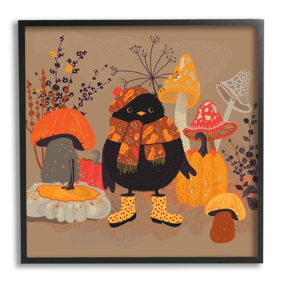 Stupell Industries Cozy Crow with Mushrooms Animals & Insects Painting Black Framed Art Print Wall Art, 24 x 24